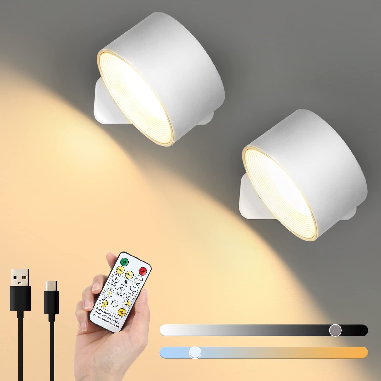 Lightess LED Wall Sconces, Wall Mounted Lamps with Rechargeable Battery Operated 2 Pack, 3 Brightness Level & 3 Color Temp 360°Rotate Cordless Magnetic Touch & Remote Control Wall Light for Reading