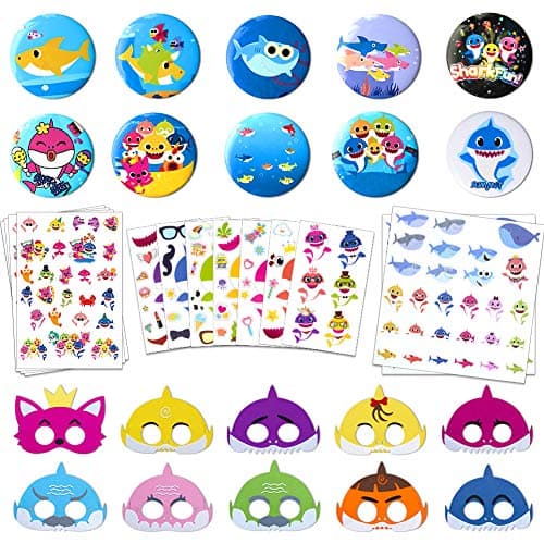 Shark Party Supplies for Baby, Birthday Decorations Party Favors Includes 10 Shark Mask, 10 Shark Badges, 2 Shark Stickers, 4 Tattoo Stickers