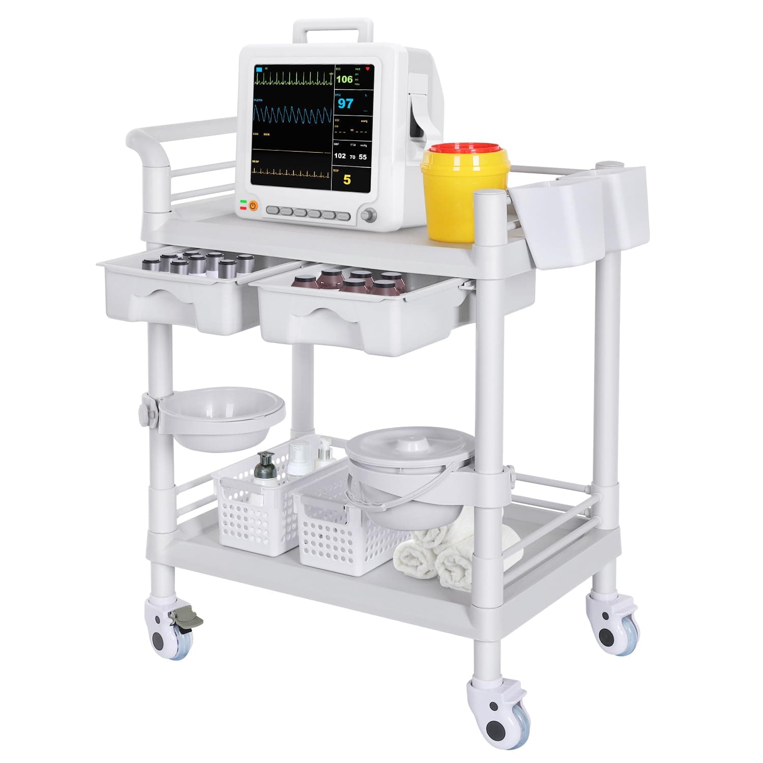 Medical Carts with Wheels 2 Tier Mobile Esthetician Cart 220 LBS Load Hospital Trolley Cart for Ultrasound Scanner Utility Cart with Bucket Sharp Box Storage Basket for Beauty Salon Dental Clinic Home