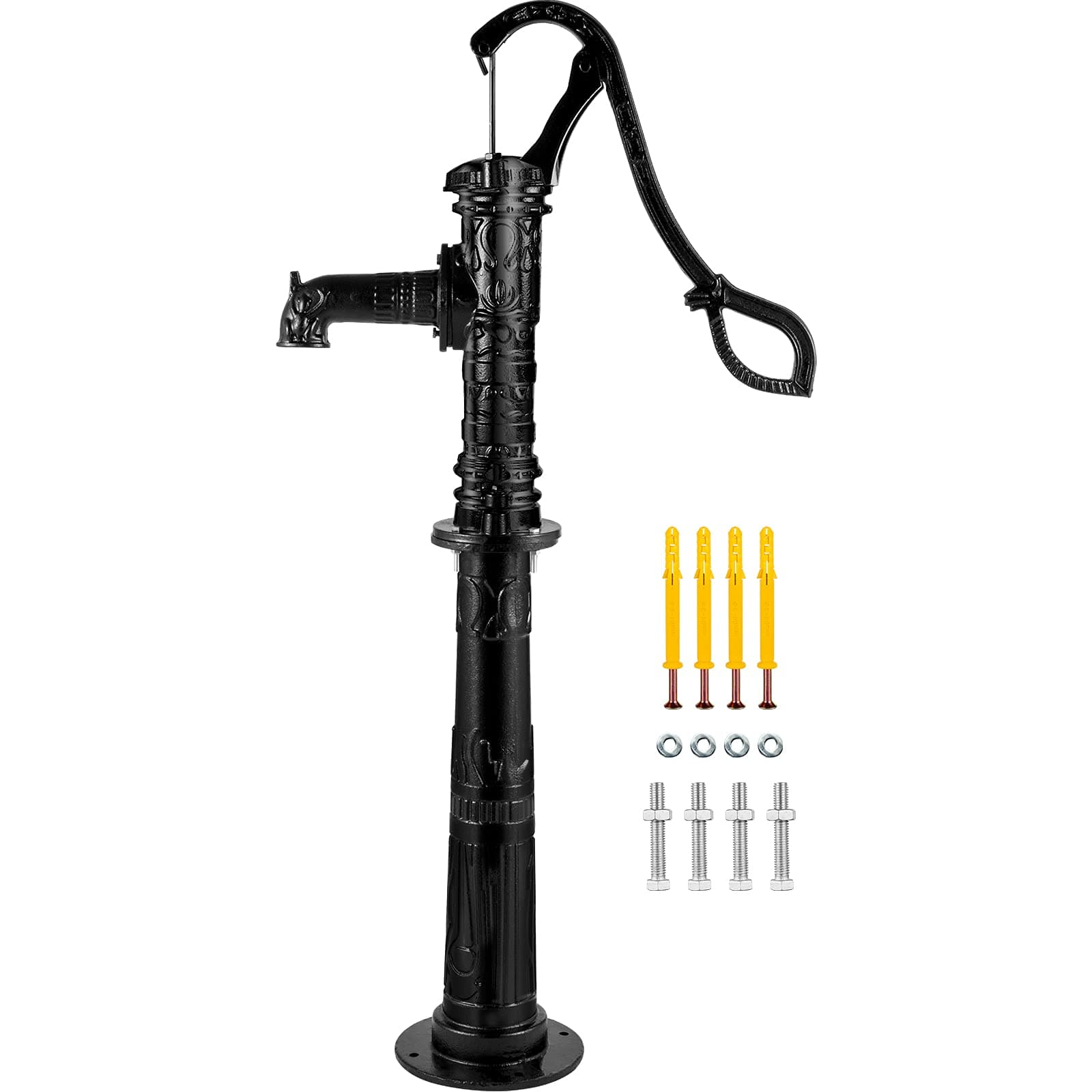 VEVOR Antique Hand Water Pump 14.6 x 5.9 x 25.6 inch Pitcher Pump w/Handle Cast Iron Well Pump w/Pre-set 0.5" Holes for Easy Installation Old Fashion Pitcher Hand for Yard Ponds Garden Black