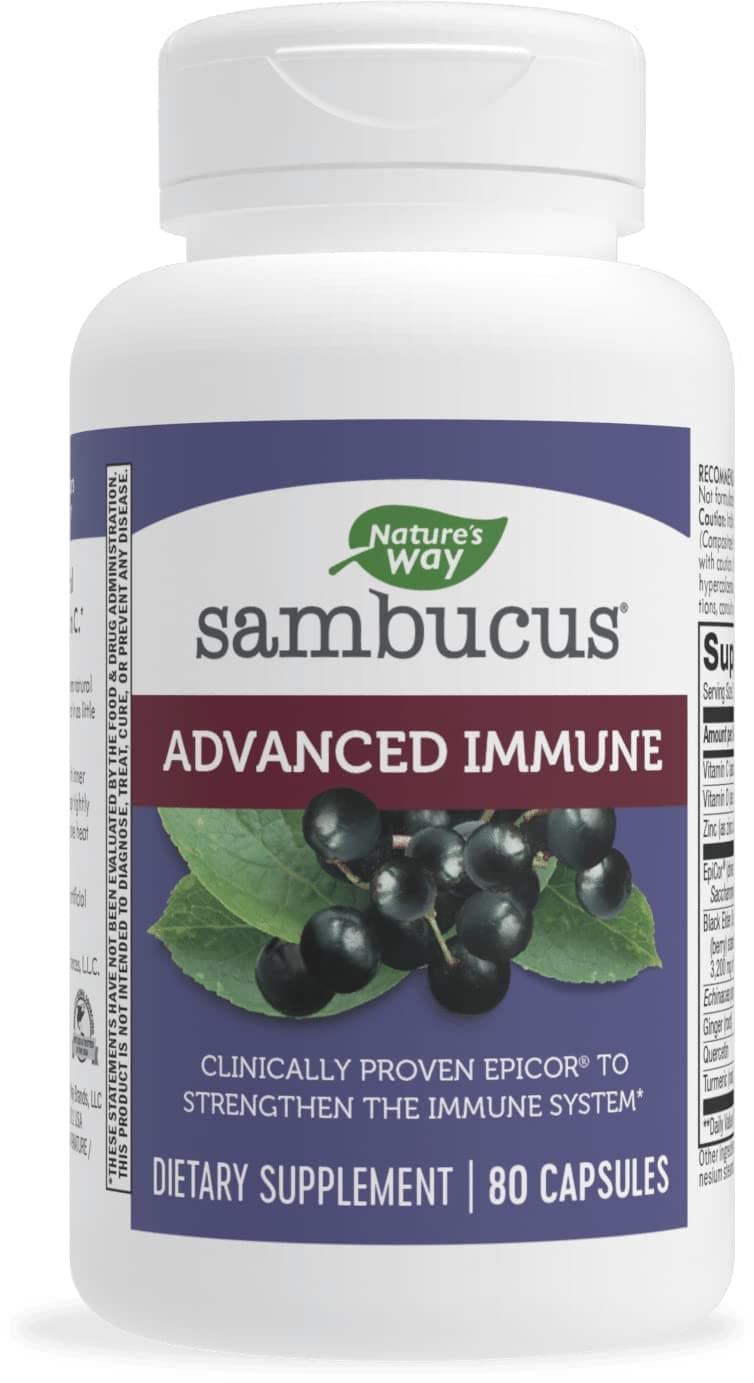 Nature's Way Sambucus Advanced Immune Capsules with Black Elderberry, Vitamin C, Vitamin D, Echinacea and Zinc, Immune System Support with EpiCor*, 80 Capsules