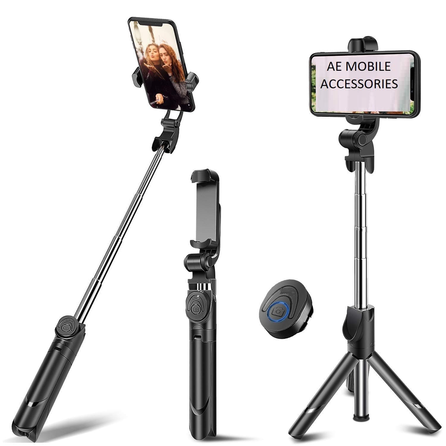 Ae Mobile Accessories Selfie Stick Tripod Bluetooth Extendable Selfie Stick with Wireless Remote Shutter and Integrated Tripod Stand Selfie Stick for iPhone, Samsung, All Android, All Type C or More