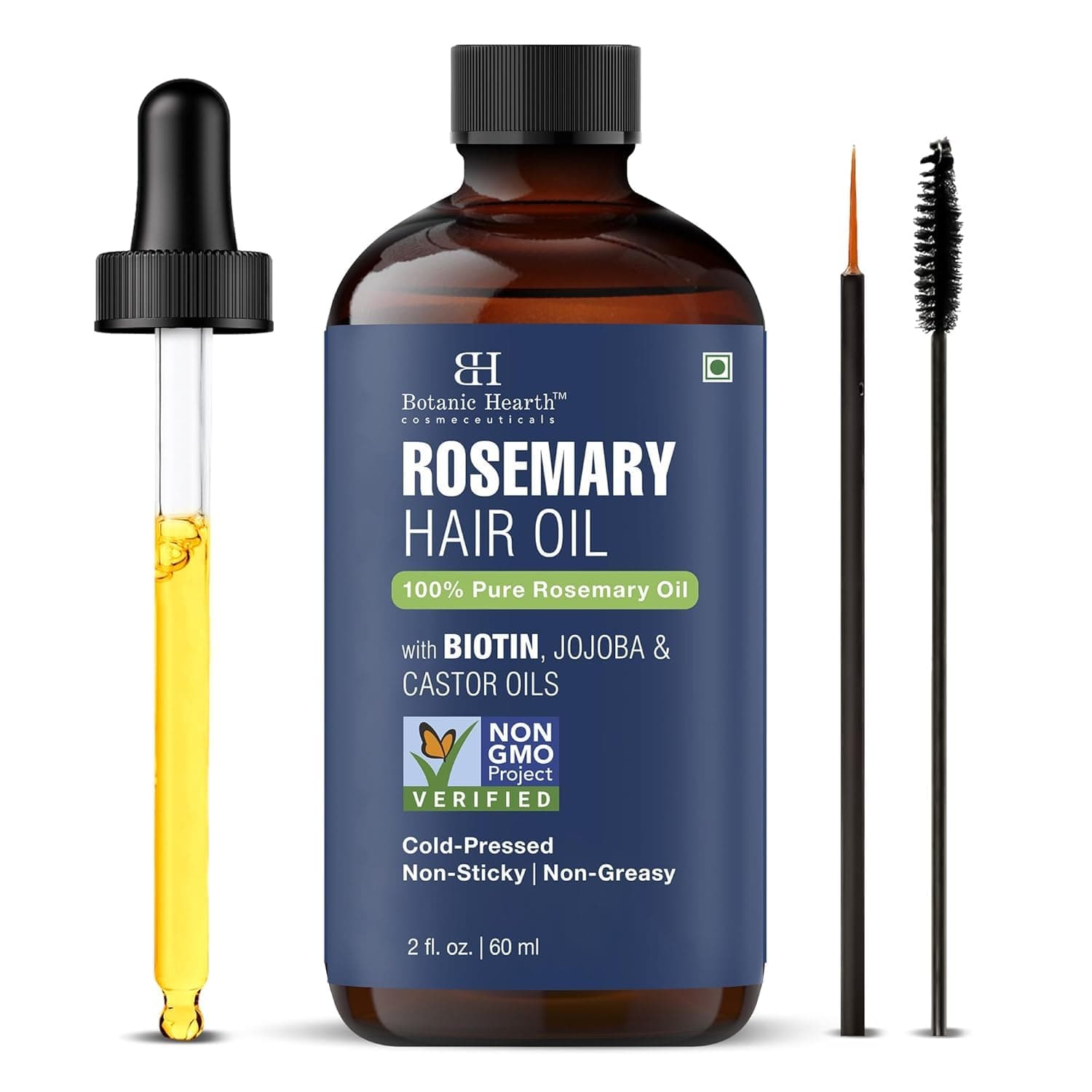 Botanic Hearth 100% Pure Rosemary Oil For Hair (2 Fl Oz) Infused With Biotin, Jojoba & Castor Oil | Hair Strengthening Treatment | Nourishing & Volumizing | Non Gmo Verified