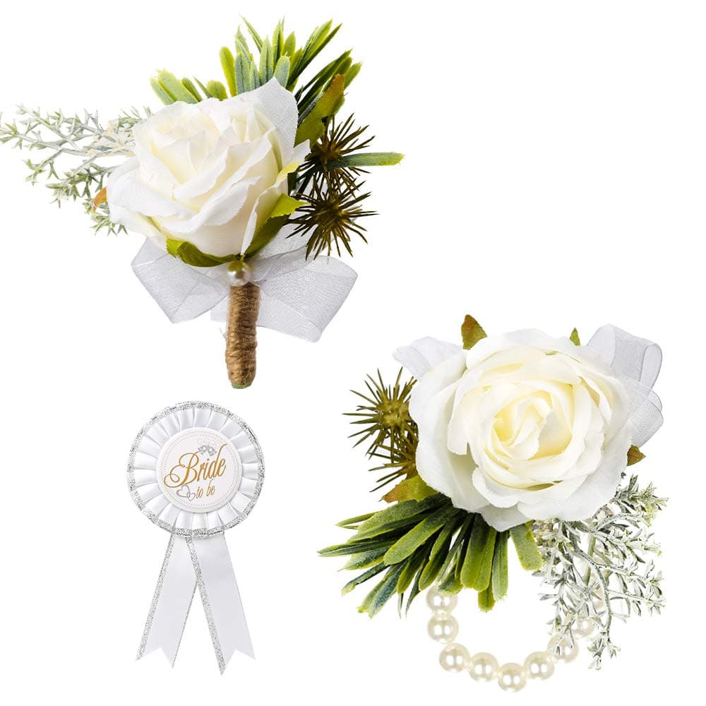 3 Pcs Boutonniere Buttonholes, Wrist Corsage Wristband Roses Wrist Corsage and Bride to Be Badge, Groom and Brides Rose Wedding Flowers Accessories
