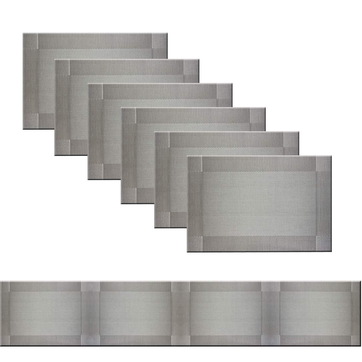 Bright Dream Placemats and Table Runner 11.8x70.8inches Set for Kitchen Table Mats Easy to Clean Woven Vinyl Indoor Outdoor Placemat (1 Table Runner and 6 Placemats, Grey)