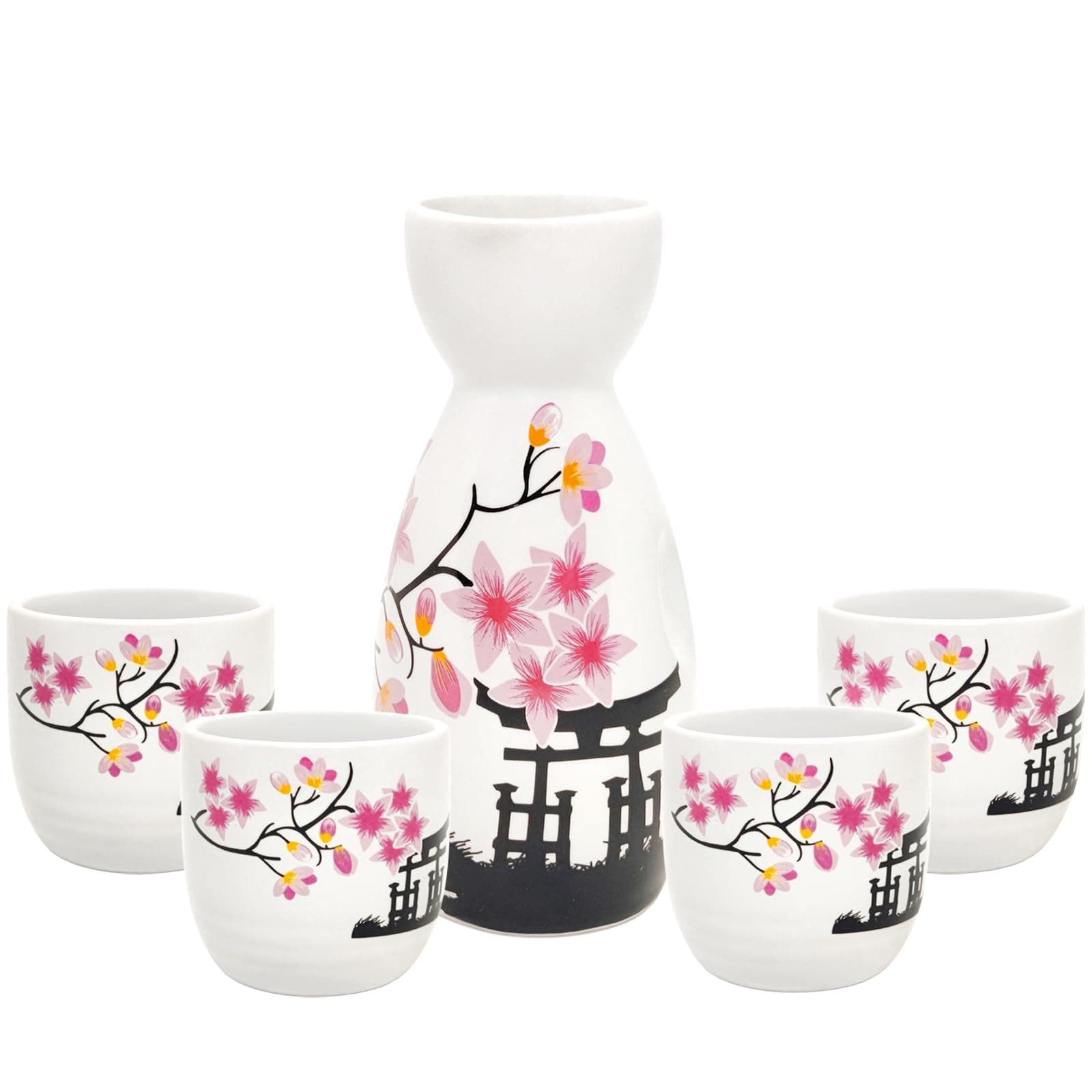 5 Pcs Japanese Sake Set 200ml Sake Bottle and 50ml Sake Cup Set Traditional Hand Painted Design Porcelain Pottery Ceramic Soju Cups Saki Glasses (Sakura)