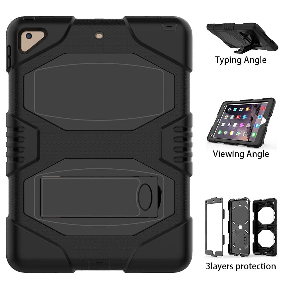 New iPad 2017 Case, Fitvers Three Layer Heavy Duty Soft Silicone Hard Bumper Case with Built-in Stand shockproof Rugged Protective Cover for Apple New iPad 2017, Free Stylus + Screen protector - Black