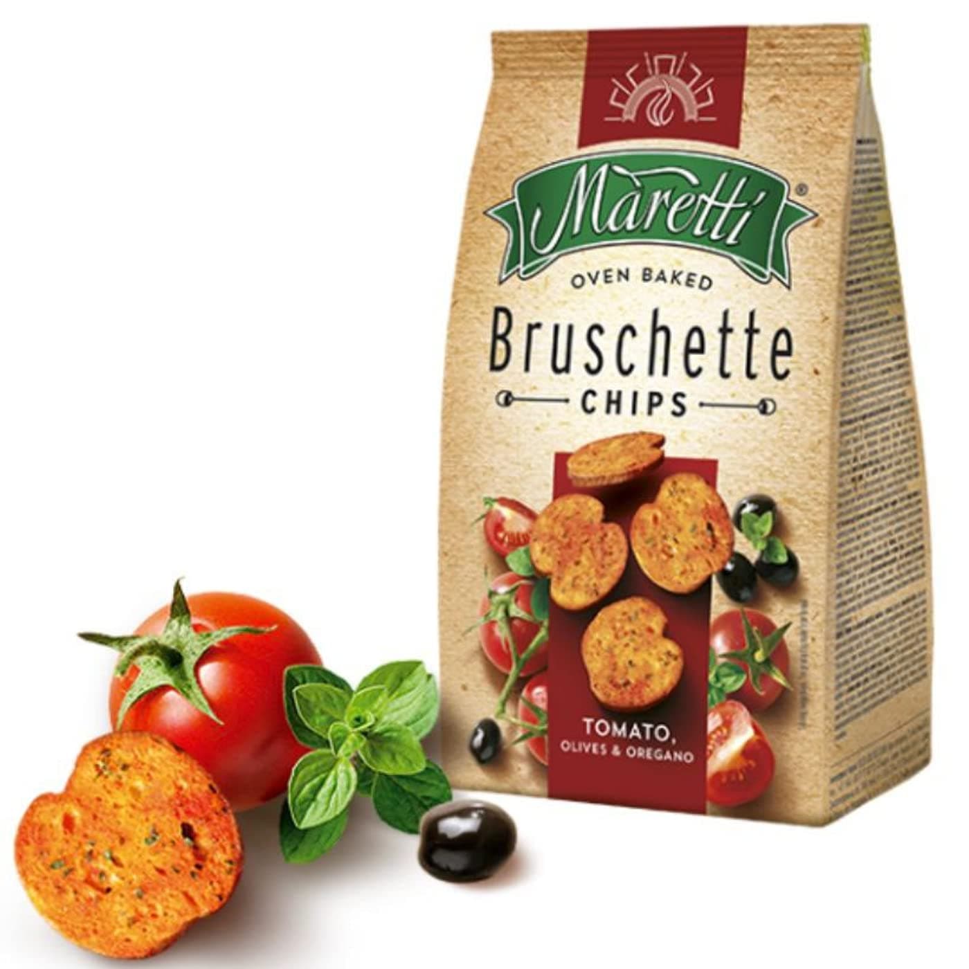 Maretti Oven Baked Bruschette Chips Tomato, Olives & Oregano, 70 grams