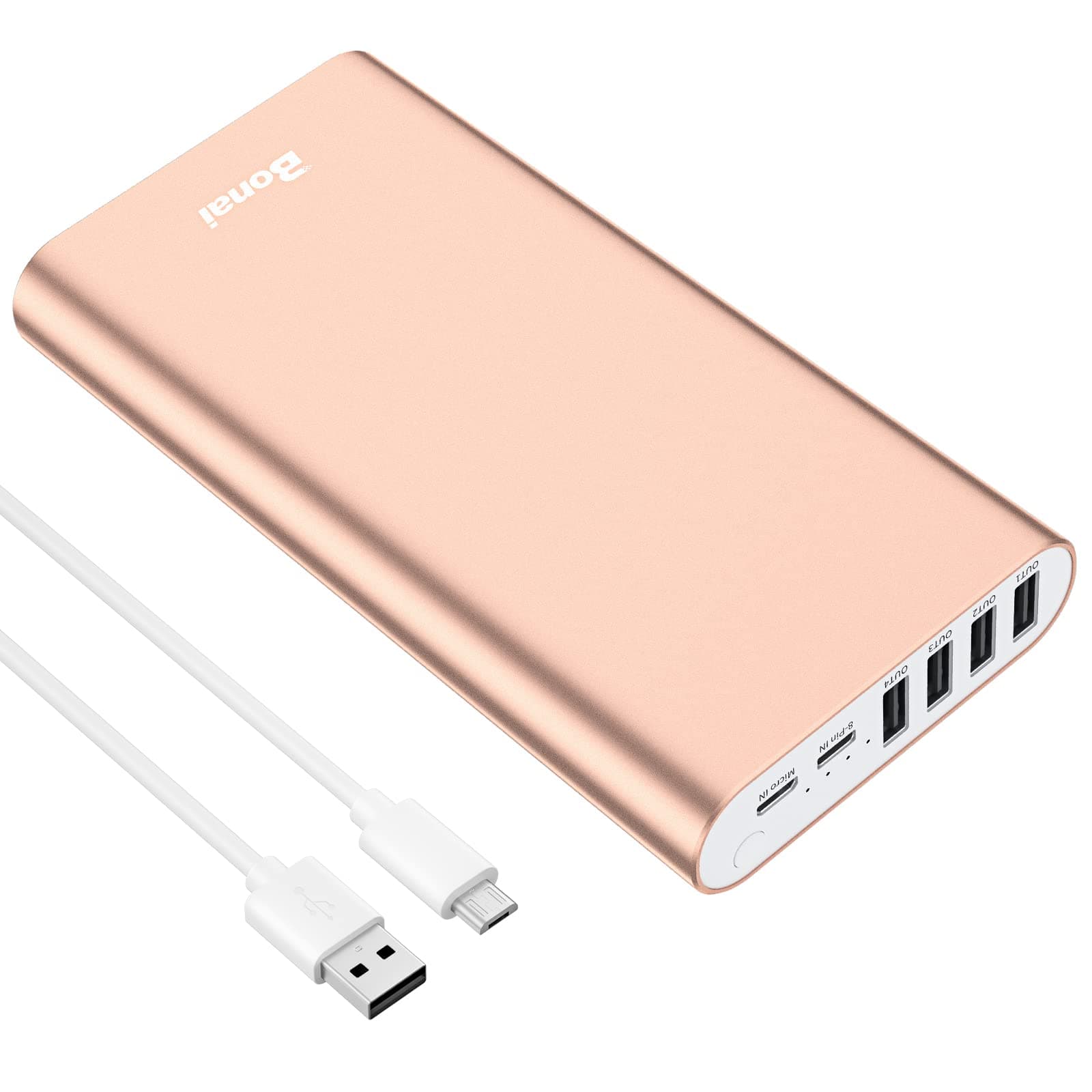 BONAI Portable Charger 20000mAh Power Bank 4 USB Output & Dual Input, Aluminum Polymer External Battery Pack for Road Trip Camping Compatible with iPhone iPad Smartphone Tablet etc. -Rose Gold