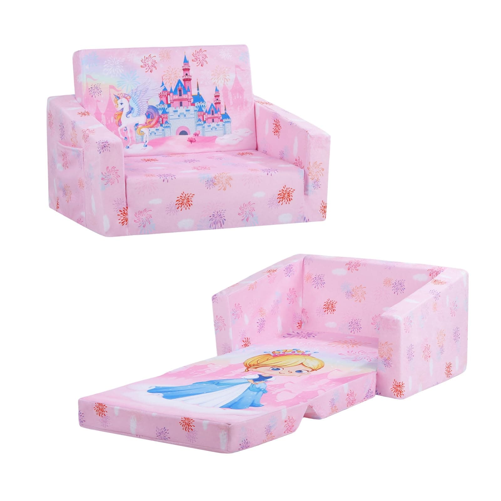 Decalsweet Princess Castle Foldable Kids Sofa Chair,2 in 1 Flip Out Sofa Bed,Soft Toddler Couch with Pocket,Convertible Children's Sofa to Lounger for Bedroom Playroom Nursery,Gift for Girls