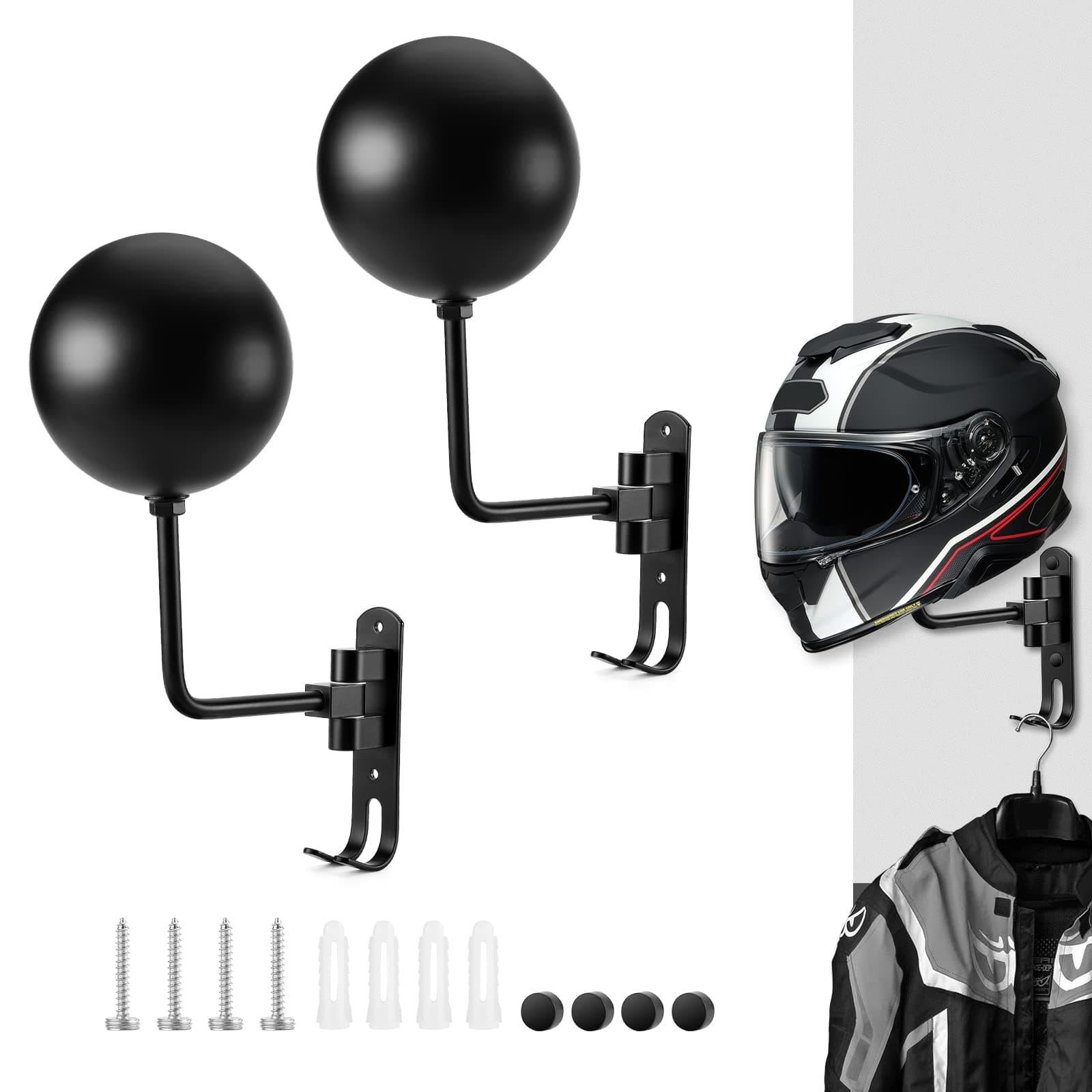 Motorcycle Helmet Rack 2 PCS, Helmet Holder Wall Mount 180 Degree Rotation Helmet Hanger with Double Hook for Coats, Caps, Hats, Motorcycle Accessories