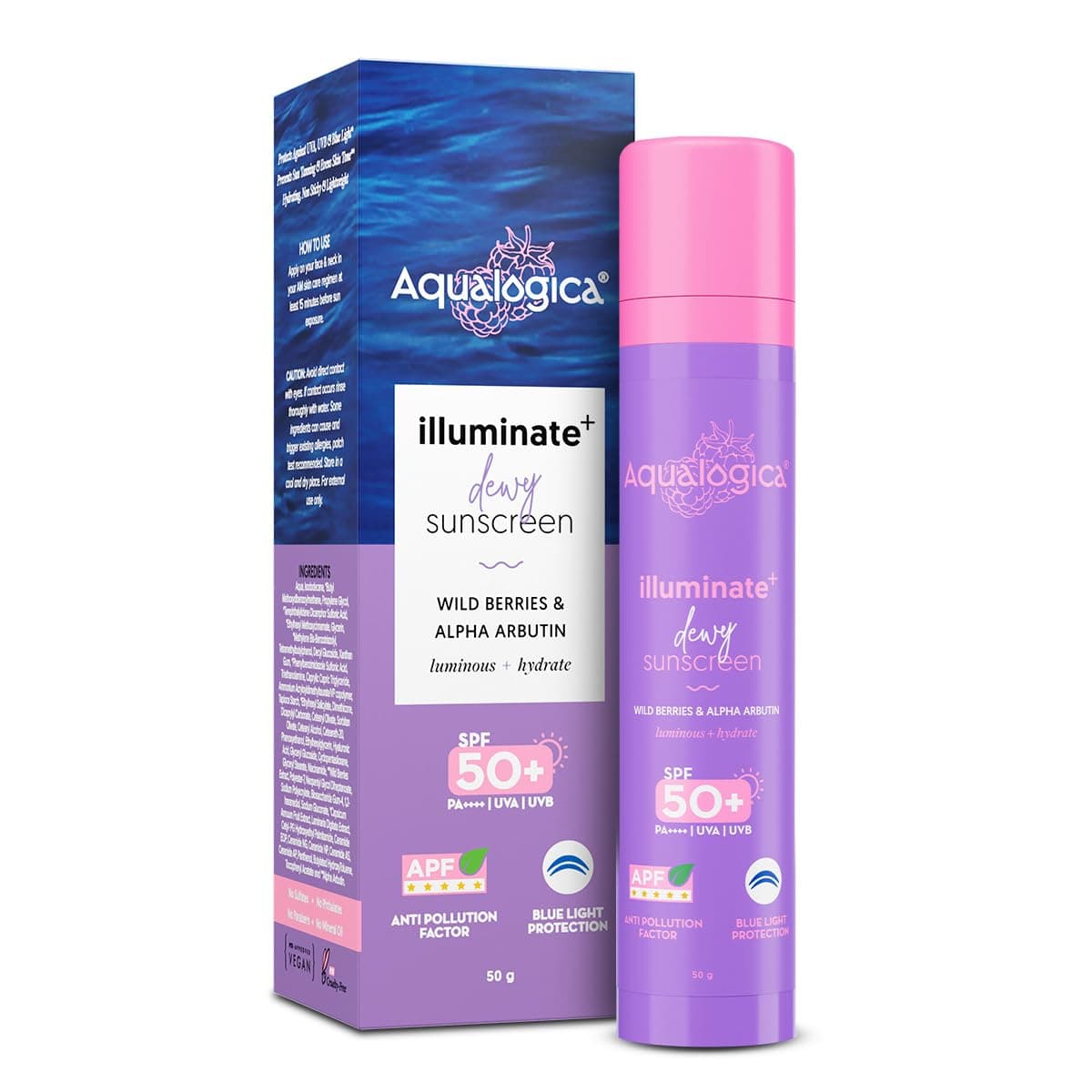 Aqualogica Illuminate+ Dewy Sunscreen SPF 50+ PA++++ with Wild Berries & Alpha Arbutin - 50 g | Broad Spectrum SPF 50+ PA++++ | UVA/B & Blue Light Protection | Anti-Pollution Factor (APF) Technology | In-Vivo Tested | Evens Skin Tone | Fragrance-Free & No White Cast | For Luminous & Sun Protected Skin