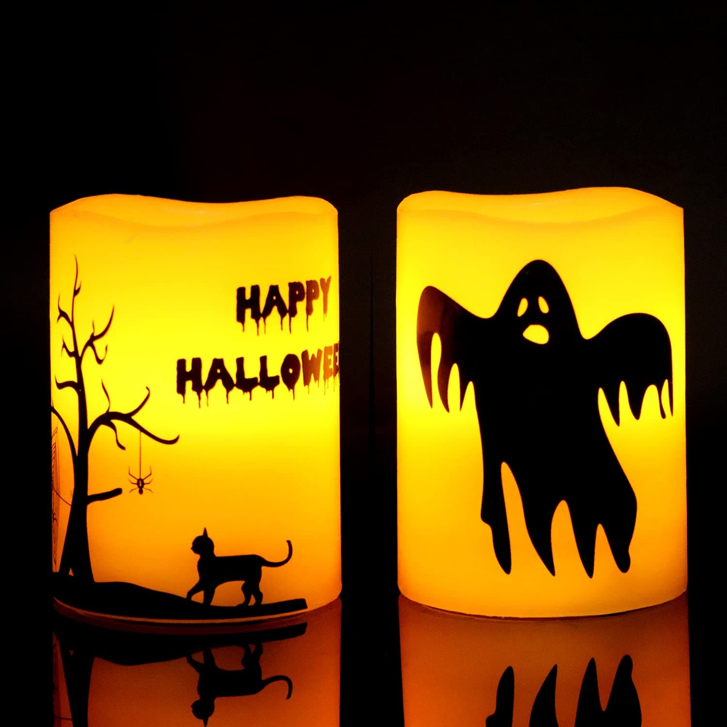 GenSwin Halloween Battery Flameless Candles with 6 Hour Timer, Real Wax Flickering LED Candles Set of 2 Ghost, Halloween Cat Decal for Halloween Home Decoration Gifts(3 x 4 Inch)