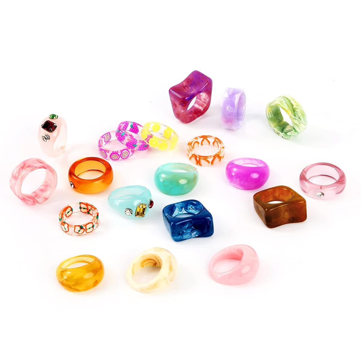 20 Pcs Acrylic Cute Trendy Colorful Rhinestone Stackable Chunky Rings for Women