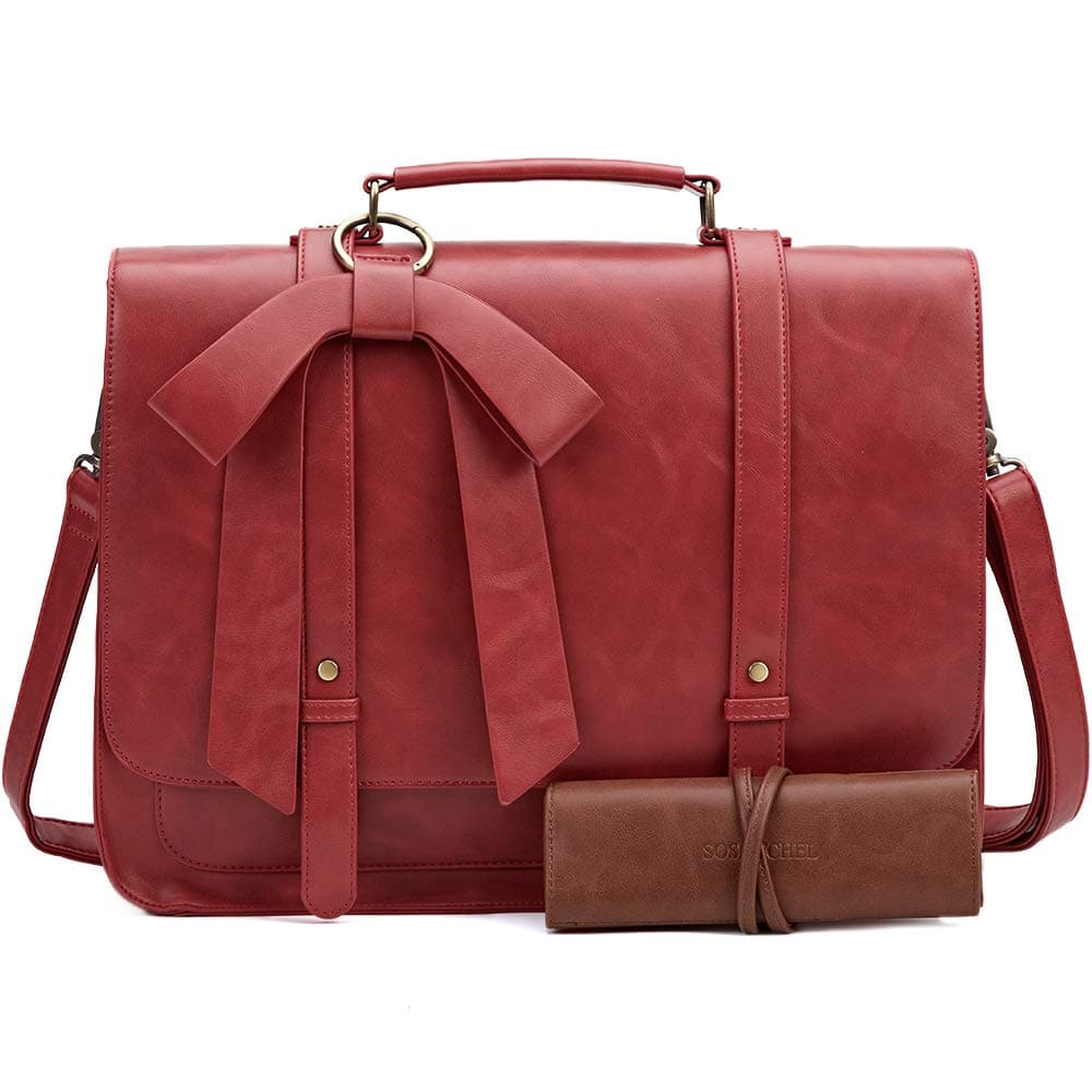 SOSATCHEL Women Briefcase Bag Faux Leather, 15.6 Inch Laptop Crossbody Shoulder Bag, Red
