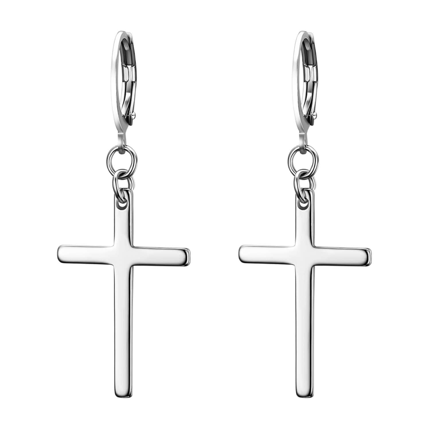 JewelryWe Mens Womens Earings Long Cross Stainless Steel Eardrop Gold Silver Tone Trendy Earbob for Boys Girls