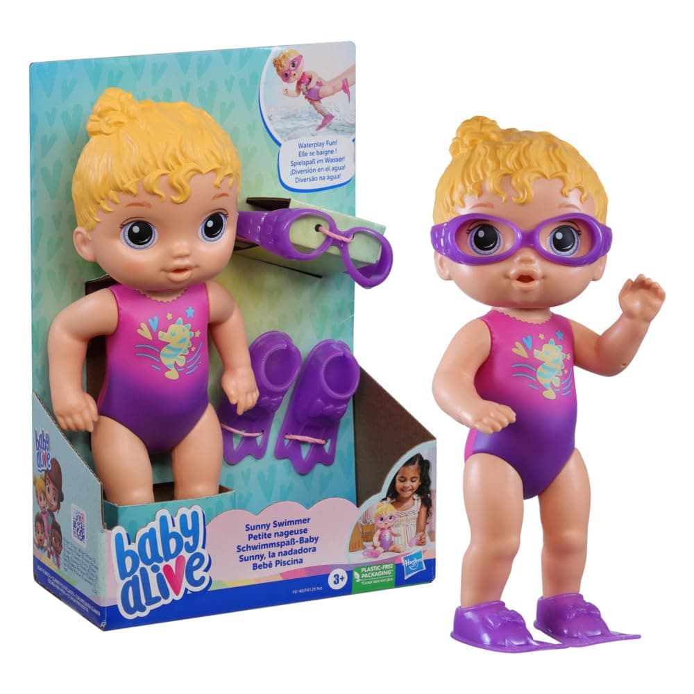 Baby Alive Sunny Swimmer Doll, 10-Inch Water Baby Dolls for 3 Year Old Girls and Boys and Up, Baby Alive Doll, Blonde Hair,Nurturing Dolls, Pre-school