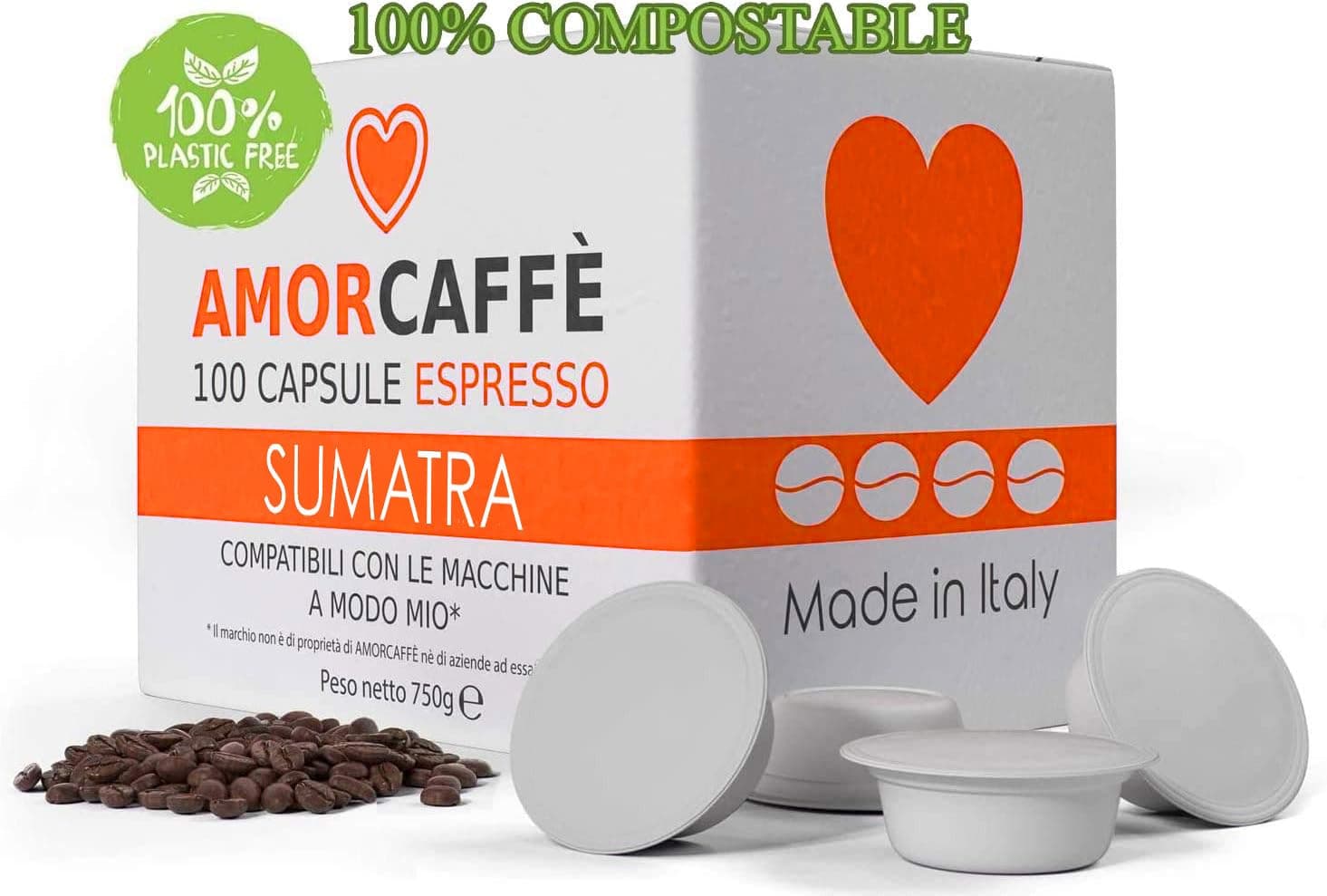 AMORCAFFÈ 100% Arabica 100 Compostable Coffee Capsules Compatible with Lavazza A Modo Mio, Dark Roast, Sumatra