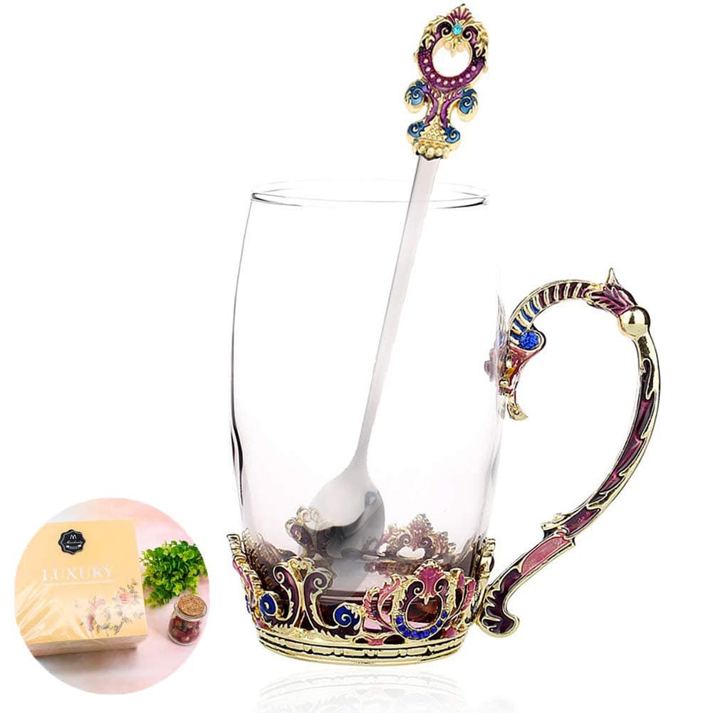 Tea Cup, Mother's Day Gifts, Coffee Mug Cups, Hand Blown Crystal Glass Tea Cup, Unique Personalized Birthday Present Ideas for Women Grandma Mom Teachers Hot Beverages 13Oz Purple