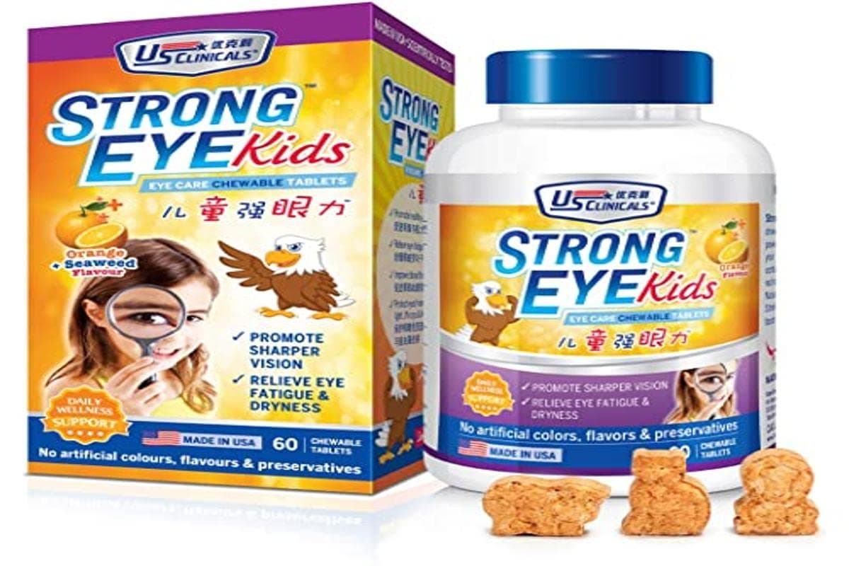 US Clinicals StrongEye Kids Eye Care Orange Flavored Chewable Tablets Lutein + Zeaxanthin + Astaxanthin + Vitamins + Minerals + Herbal Extracts 60 Chewable Tablets