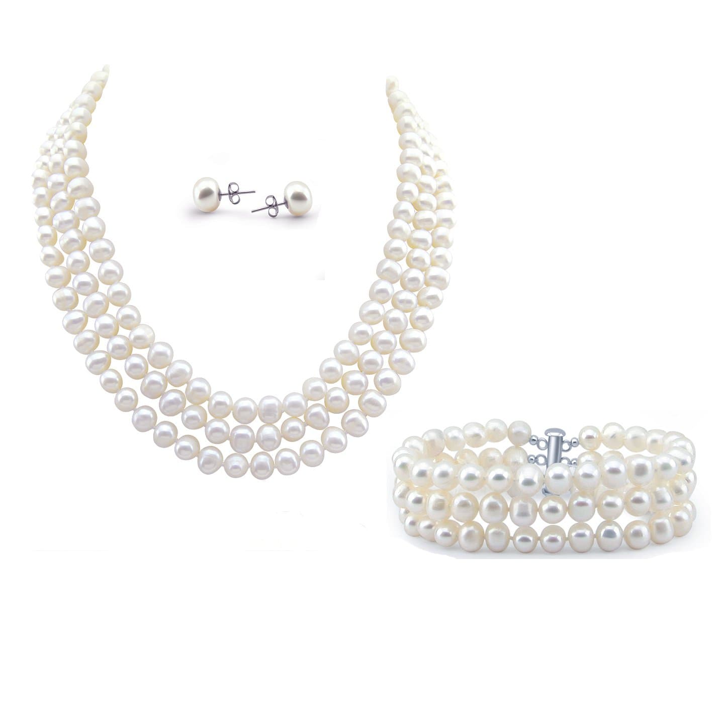 PearlPro3-Row White Freshwater Cultured Pearl Necklace (6.5-7.5mm),16.5"/17"/18" with Bracelet 7.5", Earring