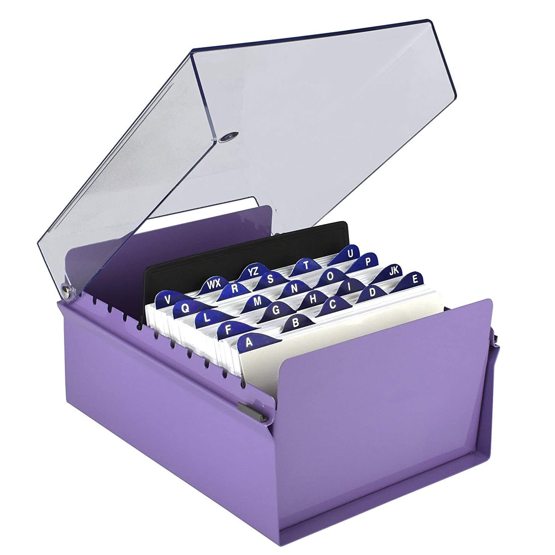 Acrimet 5 X 8 Card File Holder Organizer Box Metal Base Heavy Duty (AZ Index Cards and Divider Included) (Purple Color with Clear Crystal Plastic Lid Cover)