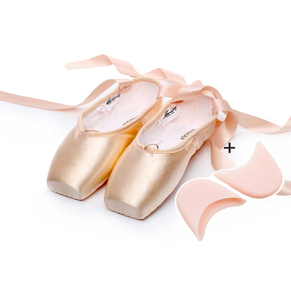 Zou Design Life Girls Dance Shoe Professional Level Pink Satin Ballet Pointe Shoes with Ribbon and Toe Pads (5.5(B) M US Women)