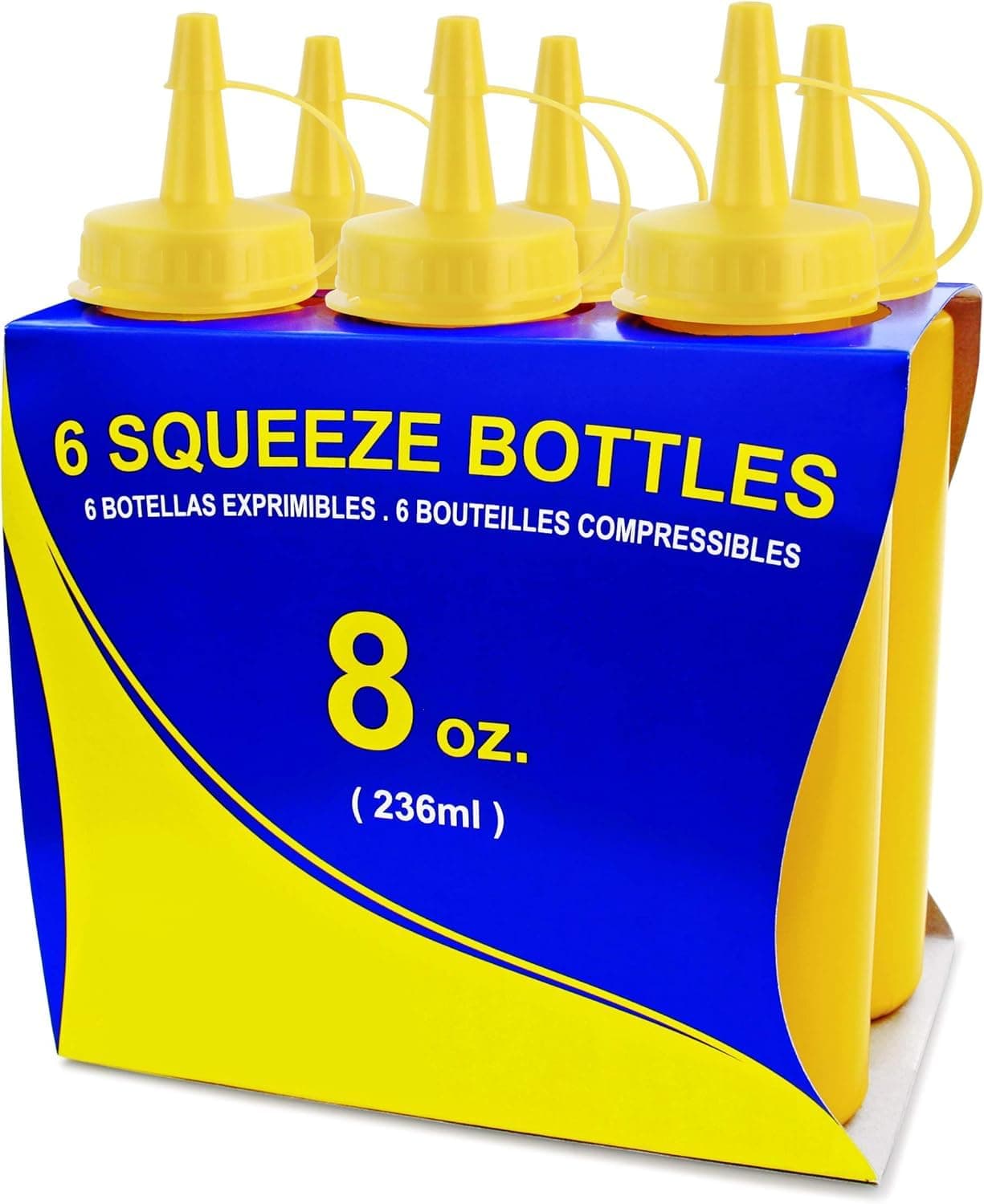 26467 Squeeze Bottles, Plastic, 8 oz, Yellow, Pack of 6