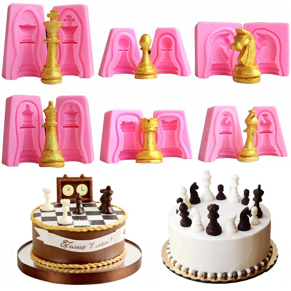 Set of 6 3D International Chess Piece Chocolate Candy Mold Kit, Chess Silicone Cake Cupcake Fondant Decorating Tool, Beeswax Candle Soap Crayon Melt Epoxy Resin Casting Mould