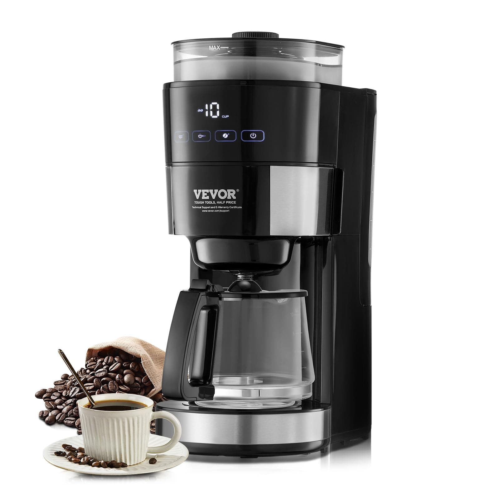 VEVOR Coffee Maker with Grinder, 10 Cup Coffee Machine, Grind and Brew Coffee Maker with 3 Brew Strength Control, Adjustable Grinding Coarseness, for Home Office Restaurant