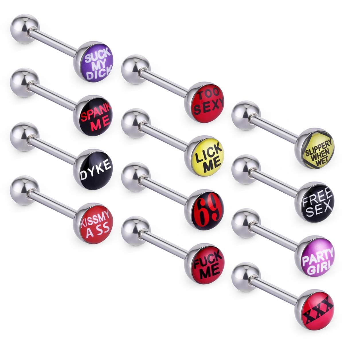COTTVOTT Novelty Letter Stainless Steel Tongue Rings Body Piercing Jewelry Barbells(12pcs mix)