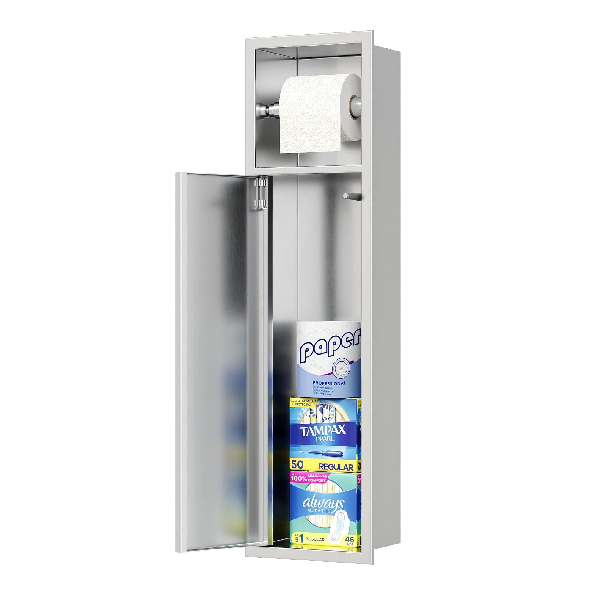 Neodrain Recessed Toilet Paper Holder, Brushed Nickel Toilet Tissue Holder with Storage Cabinet for Toilet Brush Holder, 304 Stainless Steel Wall Bathroom Roll Paper Holder