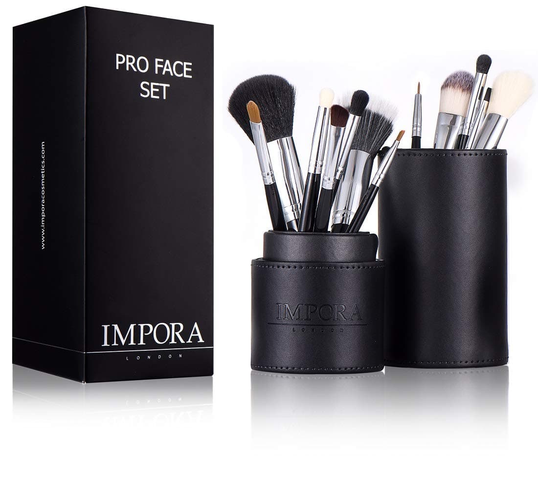 Pro Makeup Brush Set with Case - Eyeliner, Pencil, Eyeshadow, Foundation, Stippling, Blending, Powder, Eyebrow and Contour Brushes [12 Face Brushes and Holder]