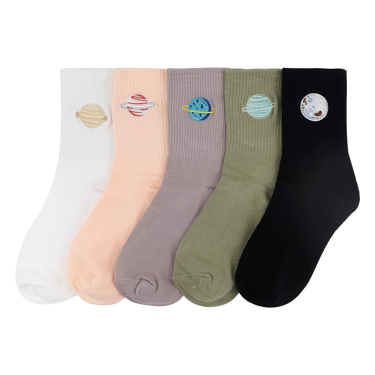 LNQ LUNIQI5 Pairs Ladies Cotton Planet Socks Fashion Mid-Tube Embroidered Socks Daily Casual Comfy Breathable Crew Socks for Womens, Girls, Couples (5 colors, Multicolor, 6.5-7