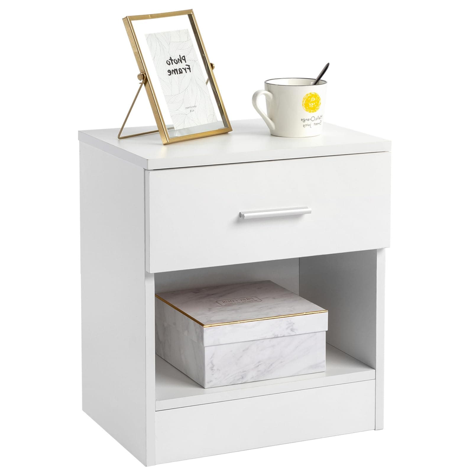 Karl home Bedside Table for Bedroom, Modern White End Table with 1 Drawer & Shelf, Wood Nightstand for Bedroom, End Table for Living Room near Sofa, Side Table, Metal Handle