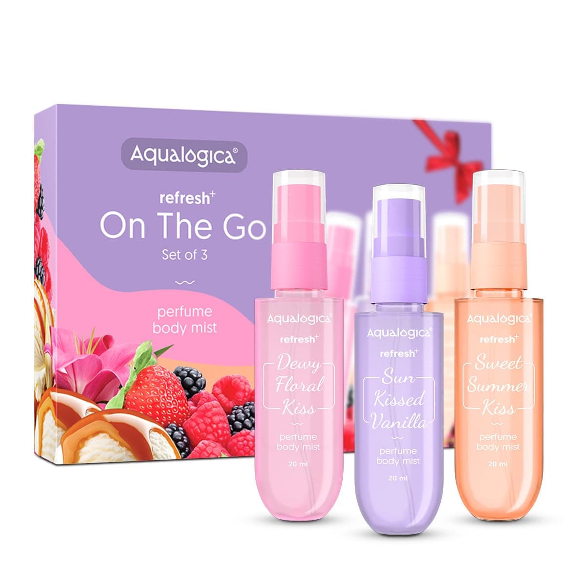 Aqualogica Refresh+On the Go Set of 3 Perfume Body MistTravel FriendlyLong LastingWarm,Sweet & Floral FragranceDouble Duty Mist for Hair & BodyPremium Gift PackFor Unisex-Adult20 ml x 3
