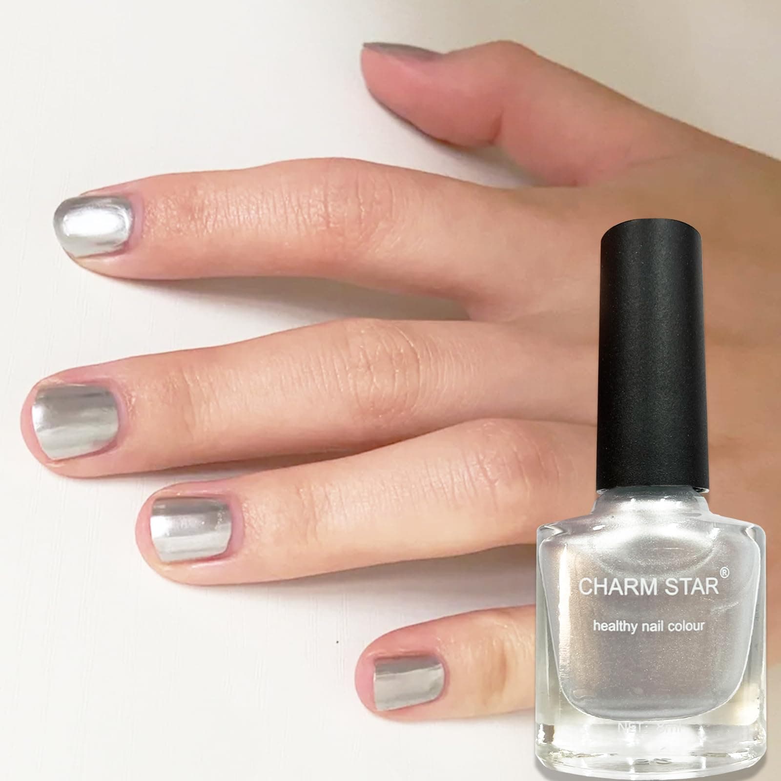 Silver Nail Polish Glitter Chrome Metallic Nail Varnish, Quick Dry Breathable Holographic Metal Mirror Effect Nail Polish, No UV Needed Nail Polish Nail Art DIY Nail Salon for Women Girls at Home