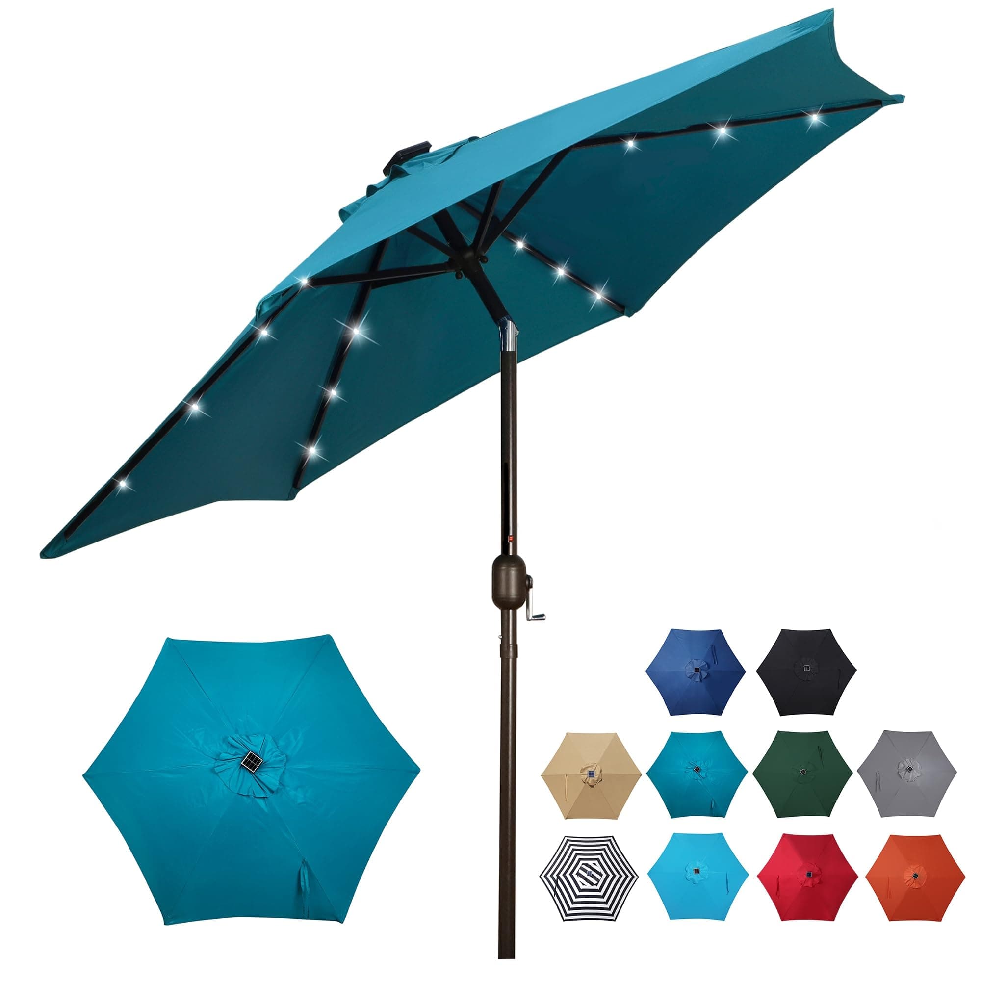 Blissun7.5 ft Solar Umbrella 18 LED Lighted Patio Umbrella Table Market Umbrella with Tilt and Crank Outdoor Umbrella for Garden, Deck, Backyard, Pool and Beach, Cerulean