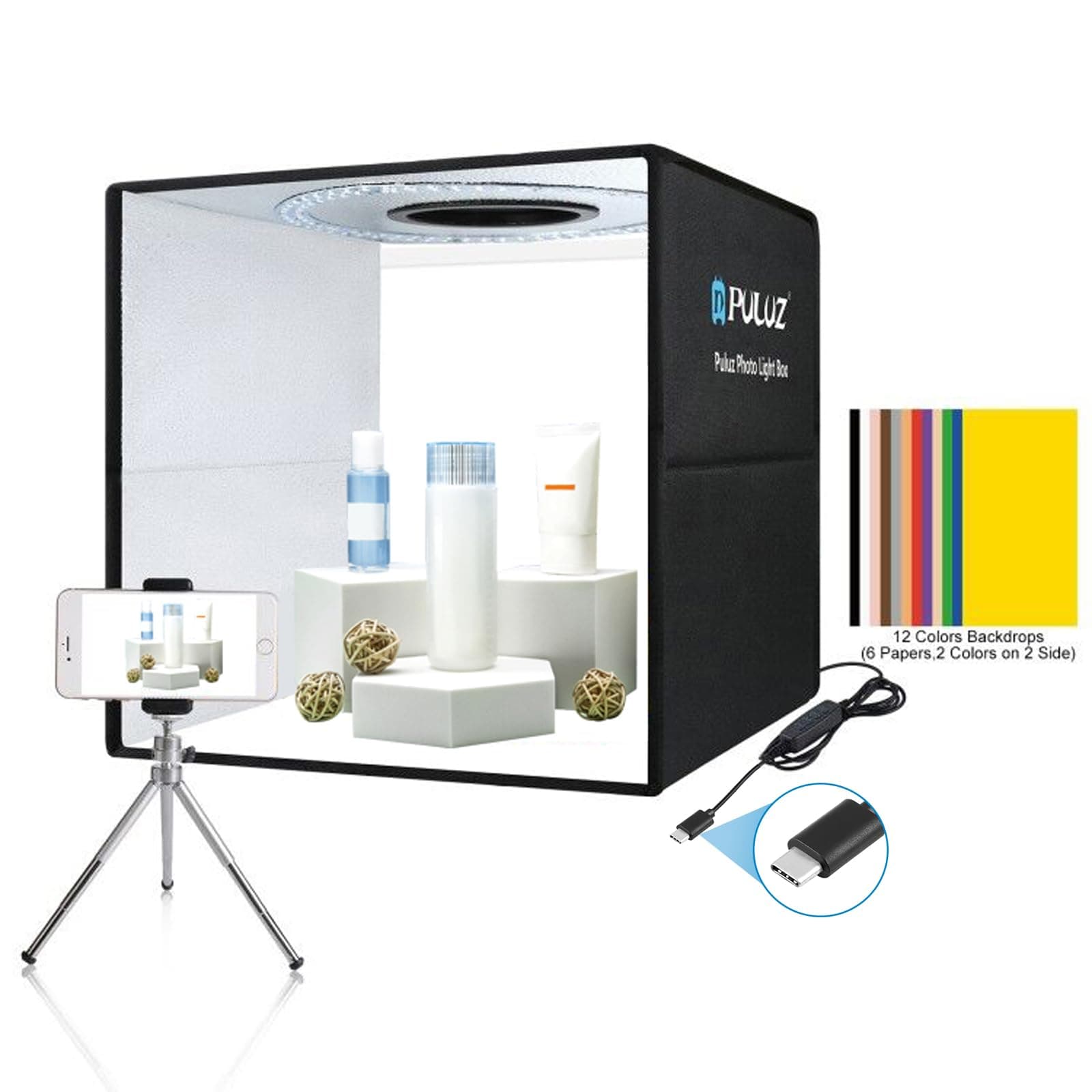 PULUZ Photo Studio Box, 40cm Folding Lightbox LED Ring Light Portable Photo Studio Photography Shooting Tent Box Kit 12 Colors Backdrops USB Light Box for Phones DSLR Camera 16 x 16 inch