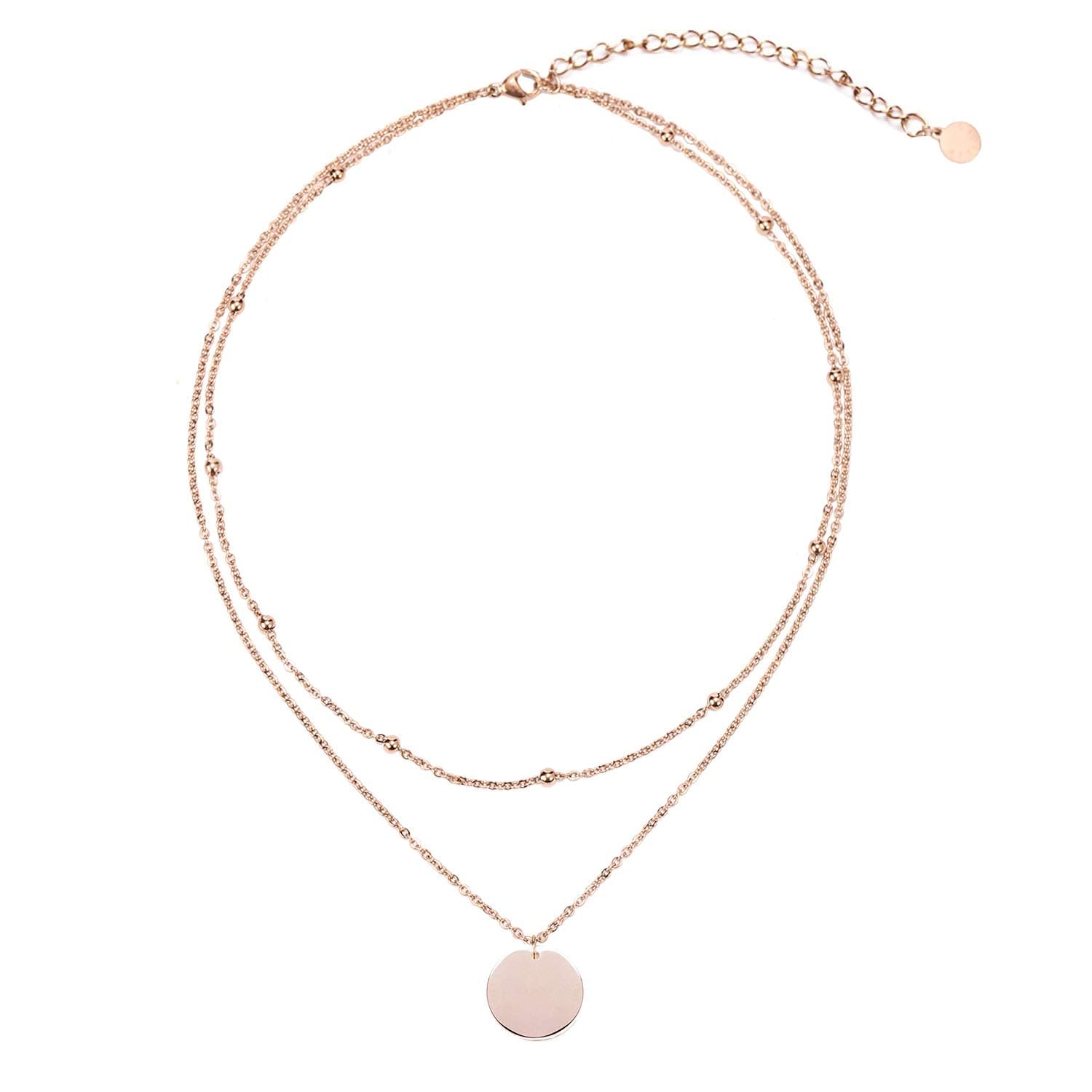 LegittaDisc Pendant Necklace Layered Titanium Steel Chain Choker in Rose Gold for Women