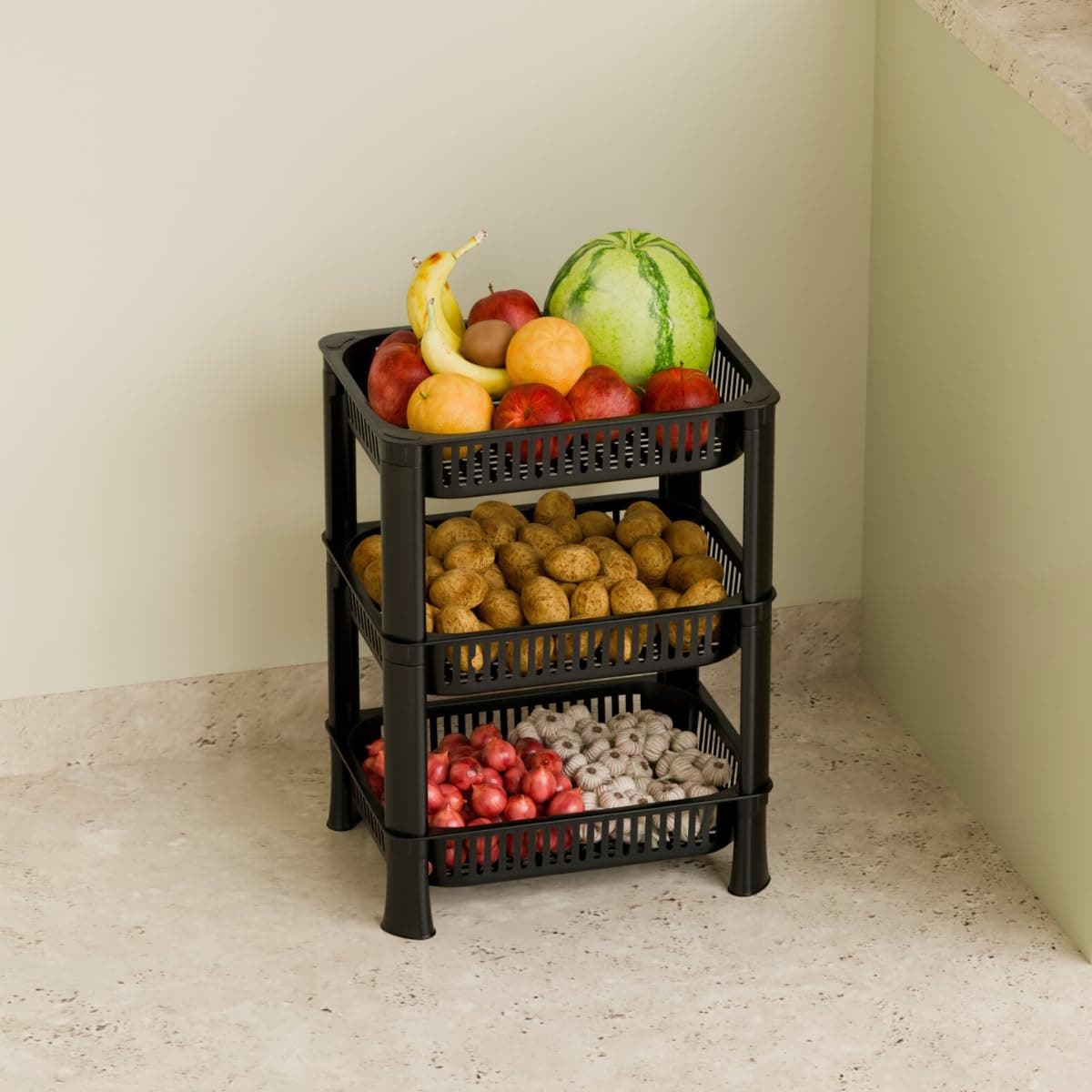 3-Layer Multipurpose Plastic Kitchen Storage Rack | Vegetable Basket Organizer | Stackable Storage Stand for Home, Pantry, Bathroom, Office – Durable Space-Saving Shelf (Black)