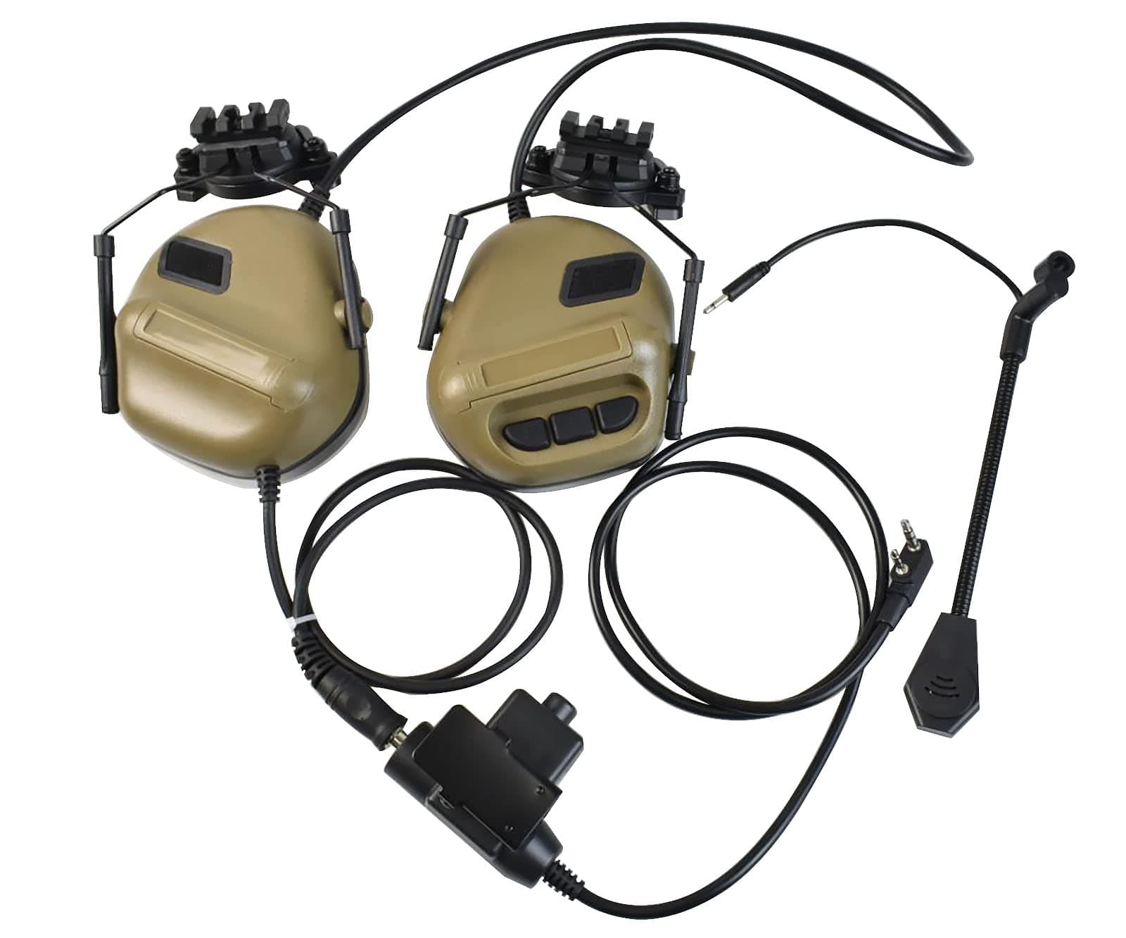 Helmet Mode Tactical Shooting headset + with U94 PTT 2pin with ARC Rail Adapter Noise Reduction & Sound Pickup Ear Protection (TAN)
