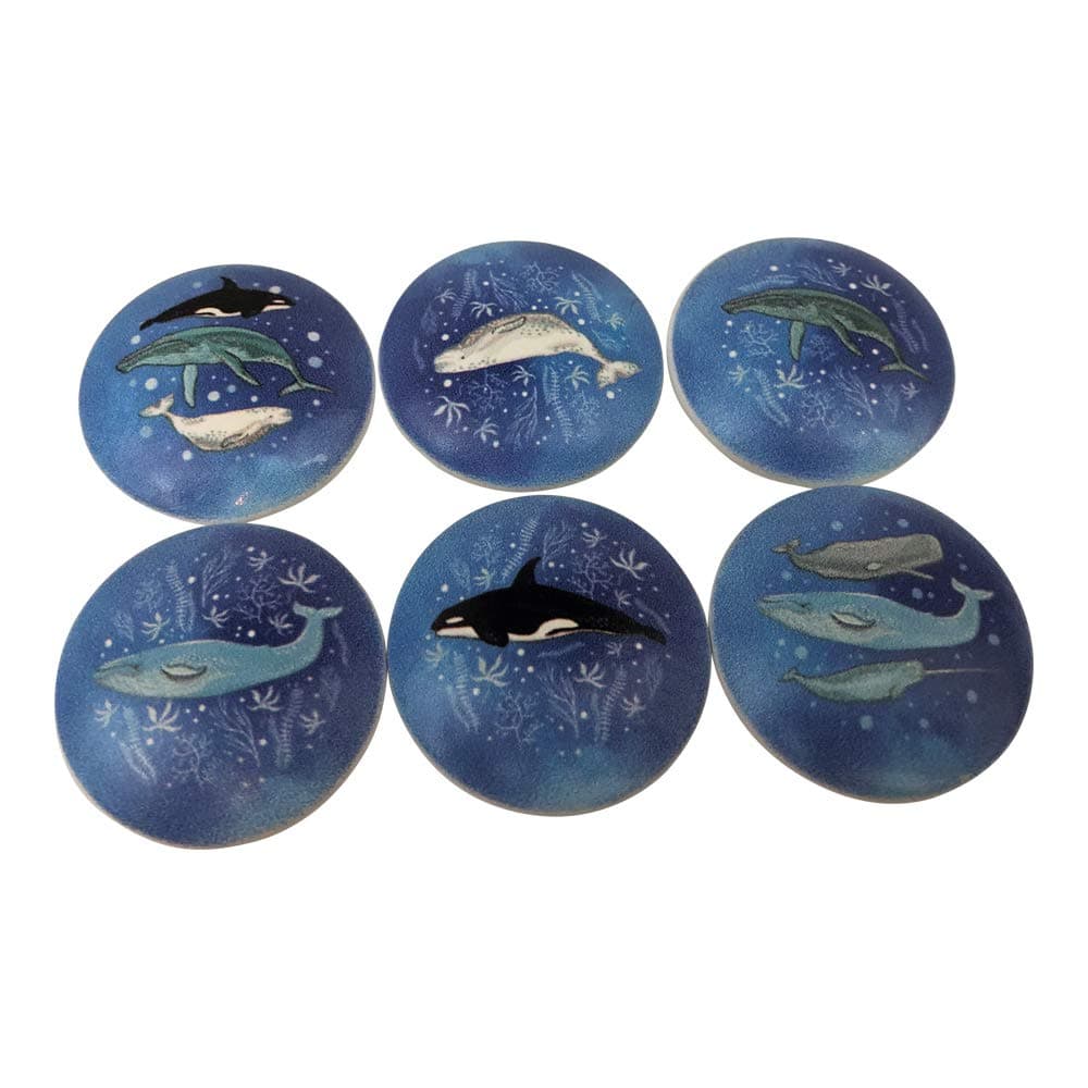Twisted R Design Wooden Cabinet Knobs - Set of 6 Round Kitchen, Bathroom, or Furniture Cabinet Handles or Pulls w/Glossy Finish - Whales on Blue Drawer Knobs Design - 1.5 x 1.5 Inches