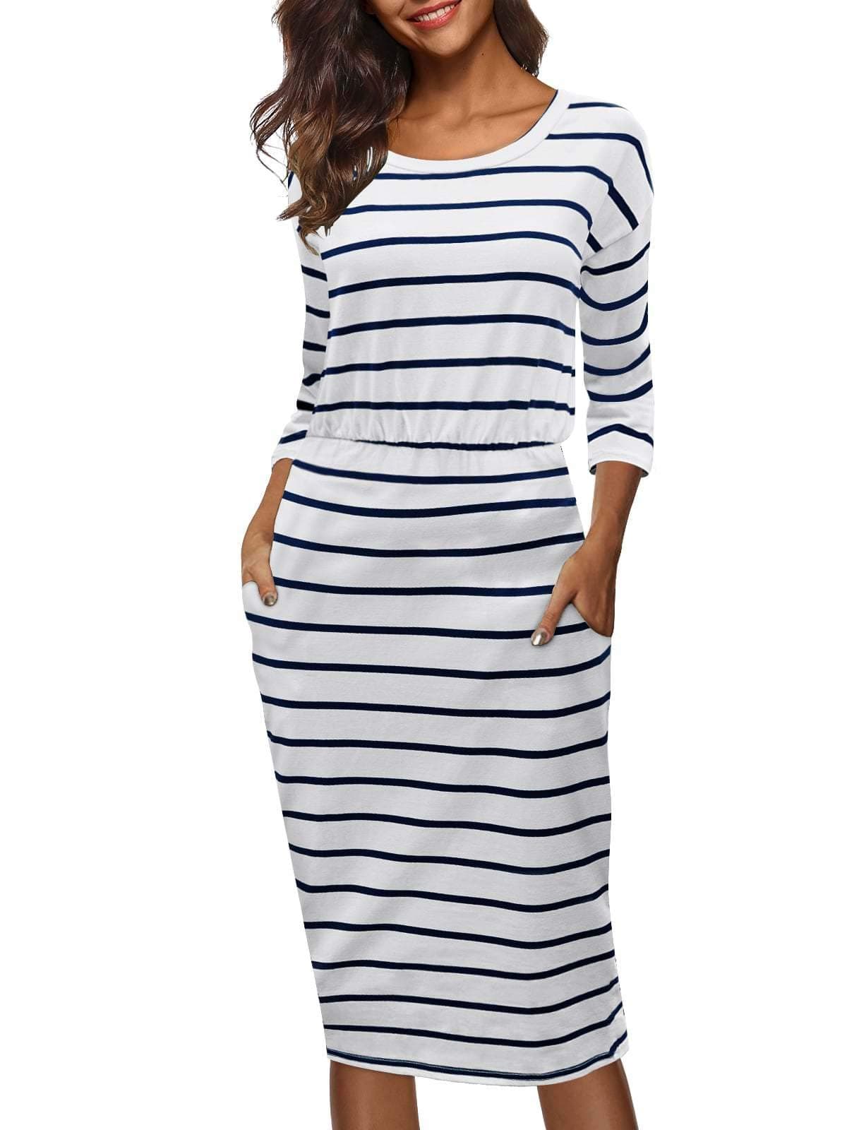 Moyabo Dresses for Women Party Wedding 3/4 Sleeve Round Neck Striped HIPS-Wrapped Bodycon Office Pencil Dress White Small