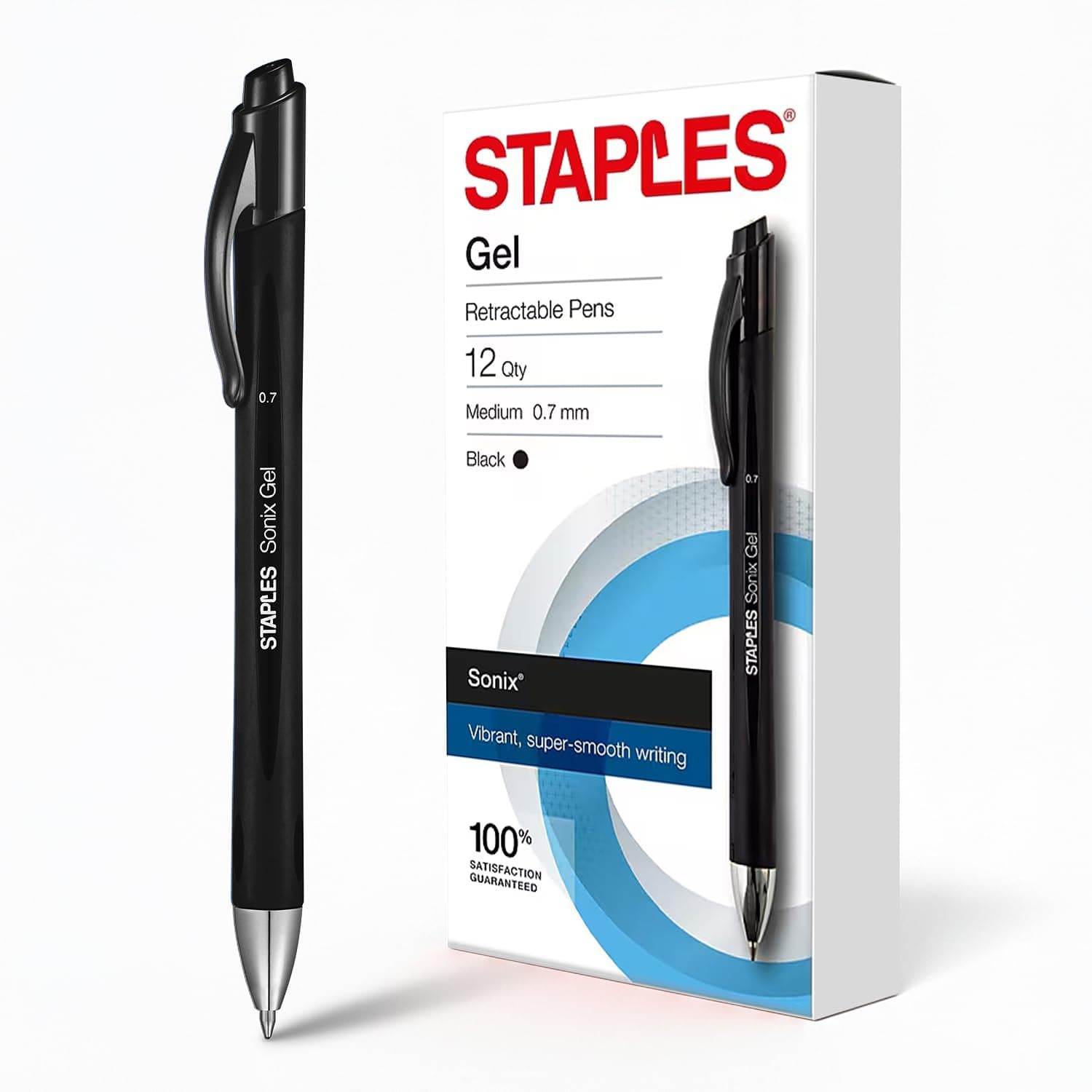 STAPLES Retractable Gel Pens, Medium Point 0.7mm, Black Ink, 12 Pack – Sonix Crisp‑Line Gel Pens with Pocket Clip
