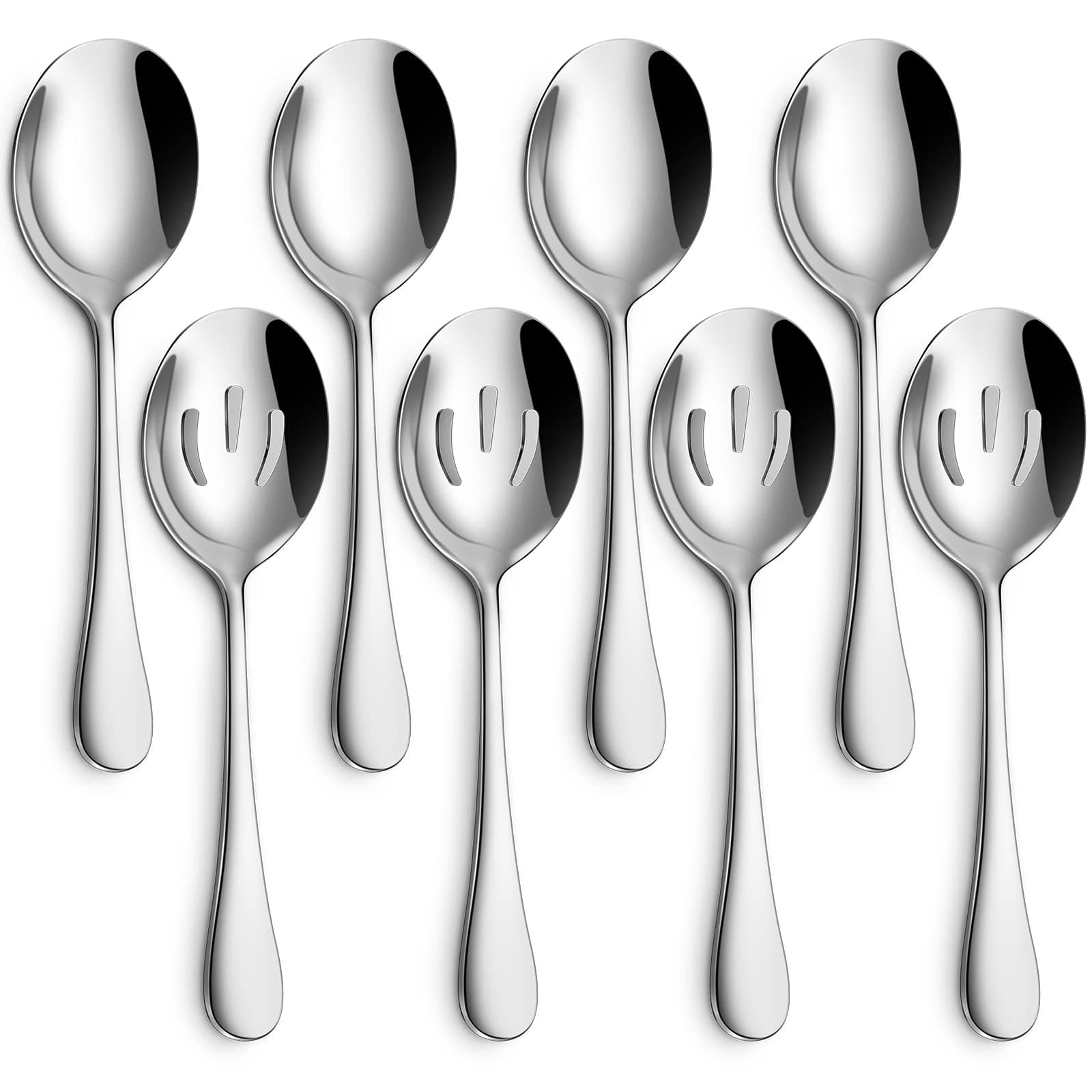 8-Piece Serving Set - Includes 4 Spoons and 4 Slotted Spoons, 18/8 Stainless Steel Buffet Utensils - Mirror Polished, Dishwasher Safe, 8.6-Inch