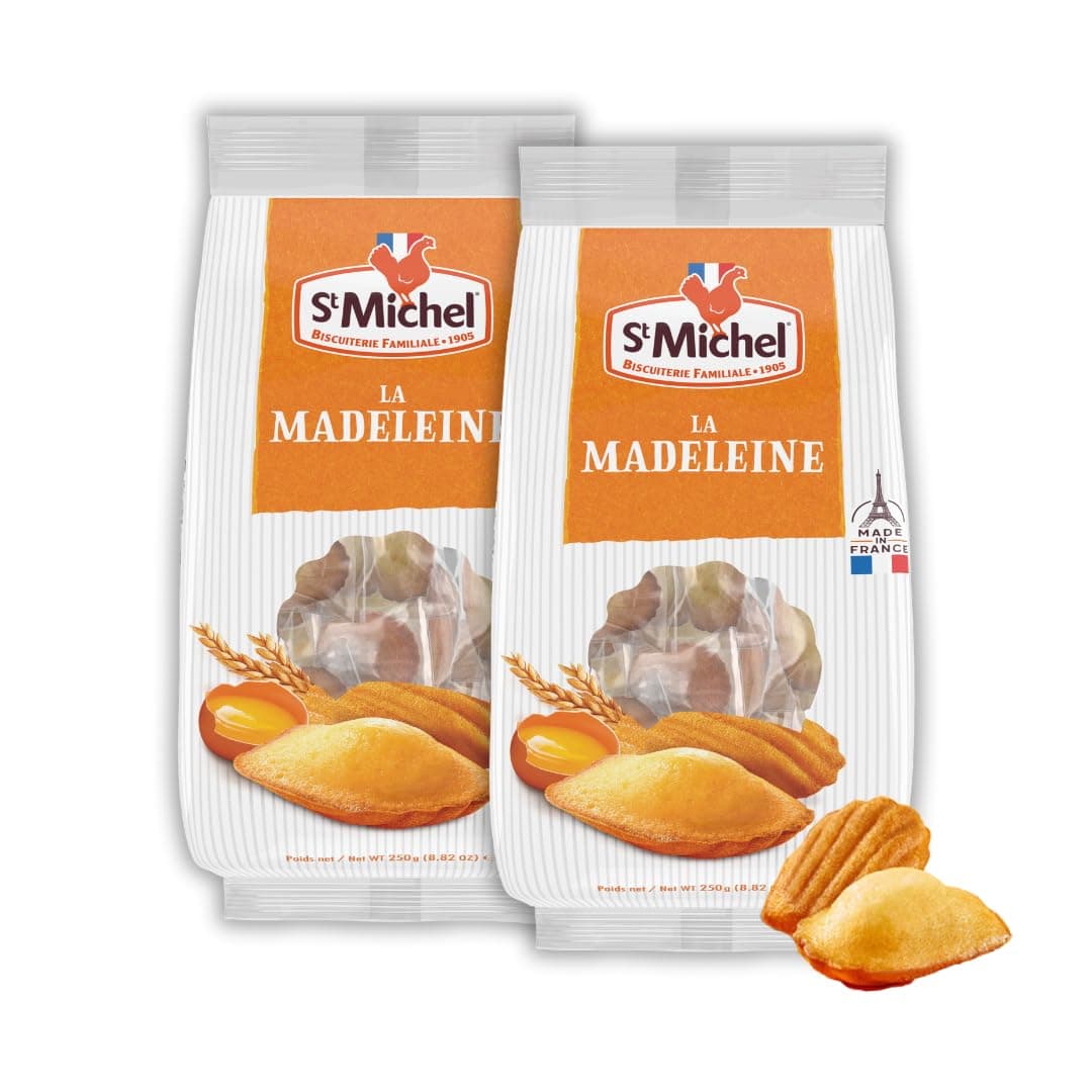 St Michel Traditional Madeleines French Sponge Cakes Made In France, Pack of 2 (250g each) Non-GMO. Total of 20 Individually Wrapped All Butter Traditional Madeleines Sponge Cakes