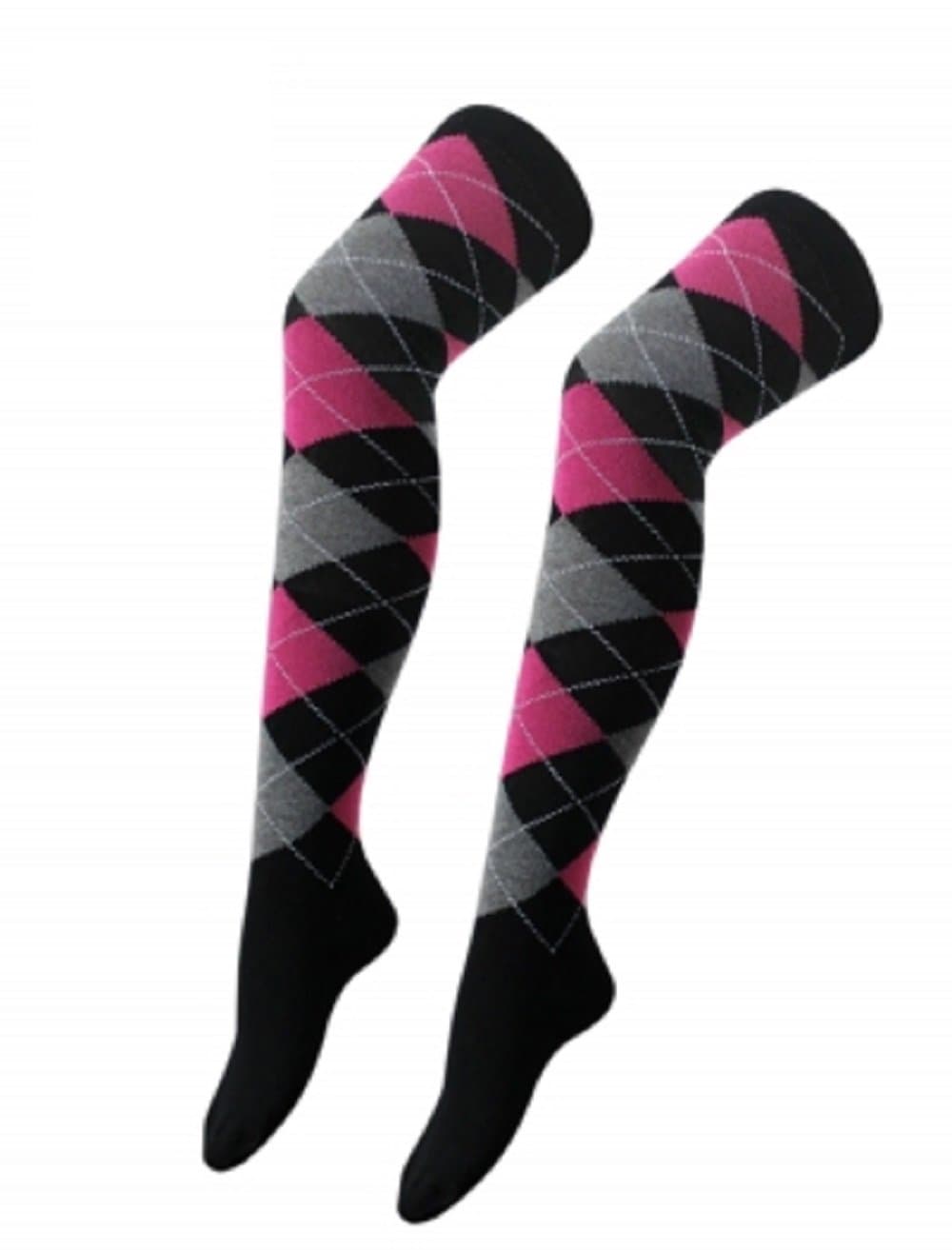 Argyle Over The Knee Socks Ladies Thigh High Diamond Check Pattern Golf Socks 4-6 (Black With Pink & Grey Argyle)