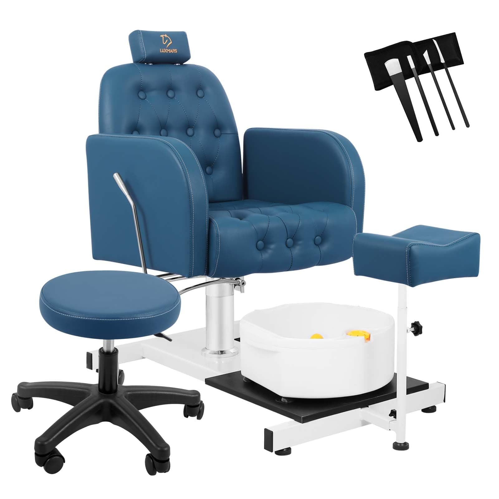 Reclining Pedicure Chair No Plumbing with Foot Massage Basin & Stool, Hydraulic Adjustable Pedicure Chair Station, 360° Rotation Beauty Spa Salon Unit Station - Blue