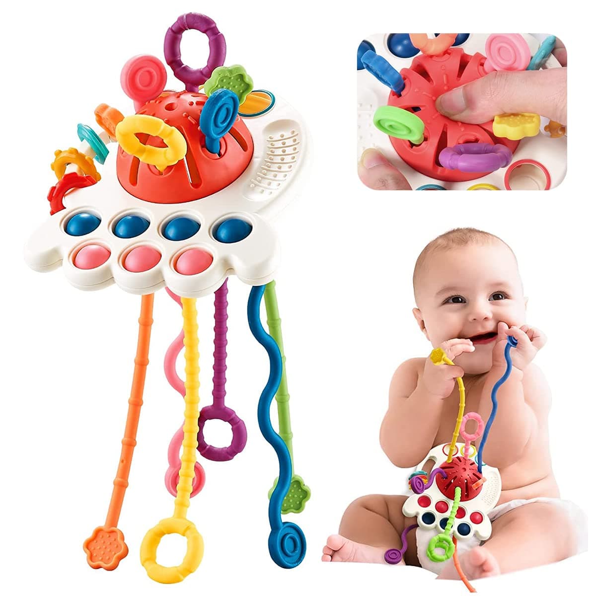 IBAMA Baby Silicone Pull String Interactive Toy Early Development Learning Educational Activity Infants Silicone Sensory Teething Teether Fidget toys BPA Free for Toddlers Boys or Girls Octopus Shape